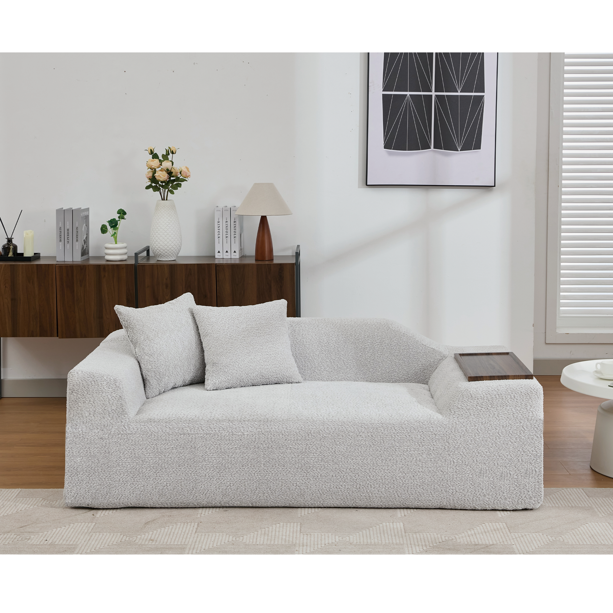 [NEW ARRIVED] [VIDEO PROVIDED]2 Piece Boucle Cloud Sofa Set, Upholstered Sofa Set, Modern 3 Seater and 2 Seater Sofa  with MDF End Table for Living Room ,Apartment,3+2 couch,Boucle, Light Gray