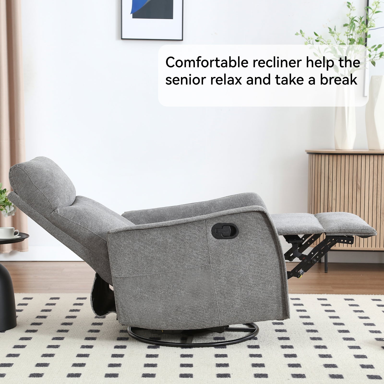 Heat Massage Manual Recliner Chair with Rocker and Swivel in Fabric for Living Room, Grey