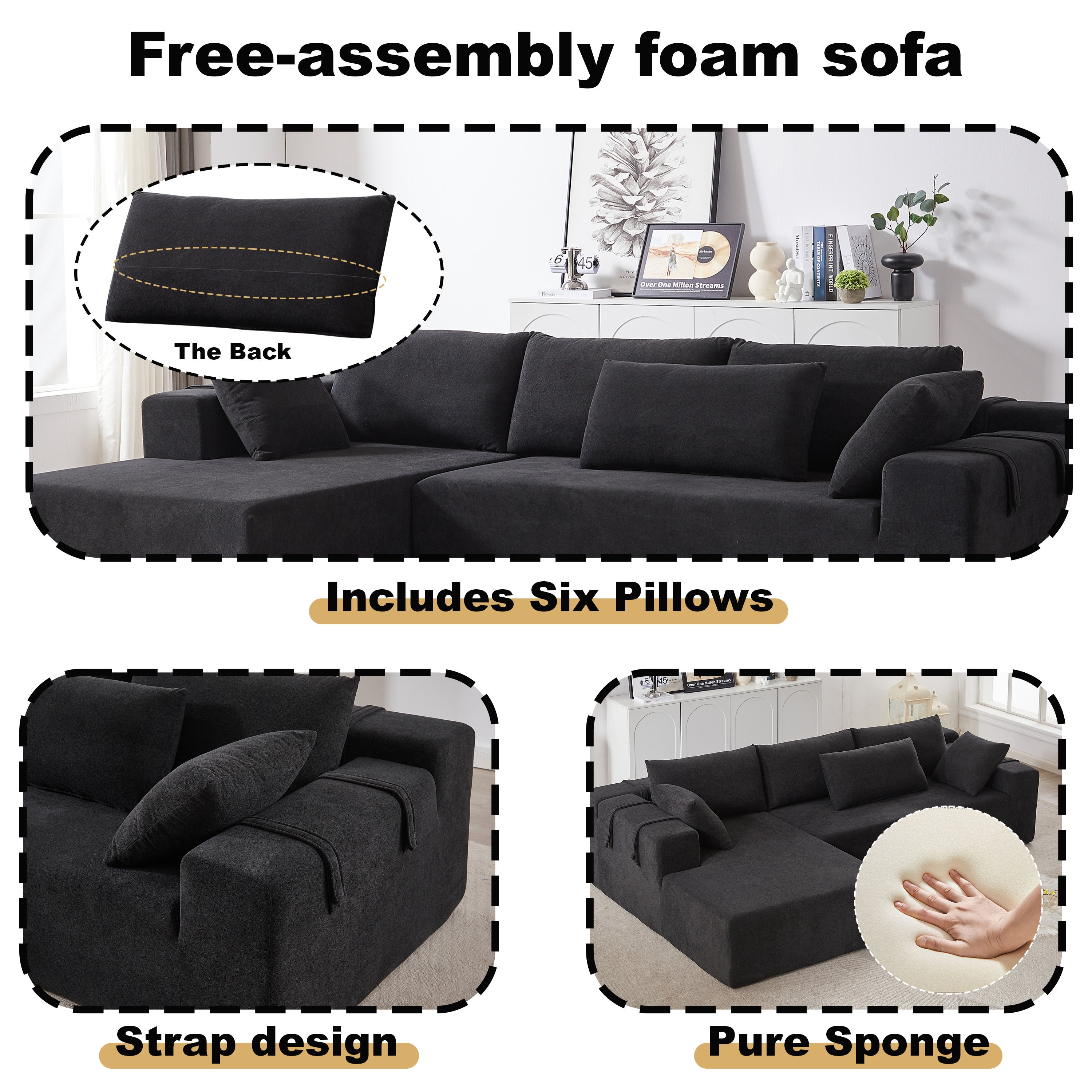 Modern Chenille Upholstered Sectional Sofa Couch Set,Modular 108' L Shaped Sectional Living Room Sofa Set With 6 Pillows,Free Combination Sofa Couch for Living Room,Bedroom(Right Chaise)W834P240010