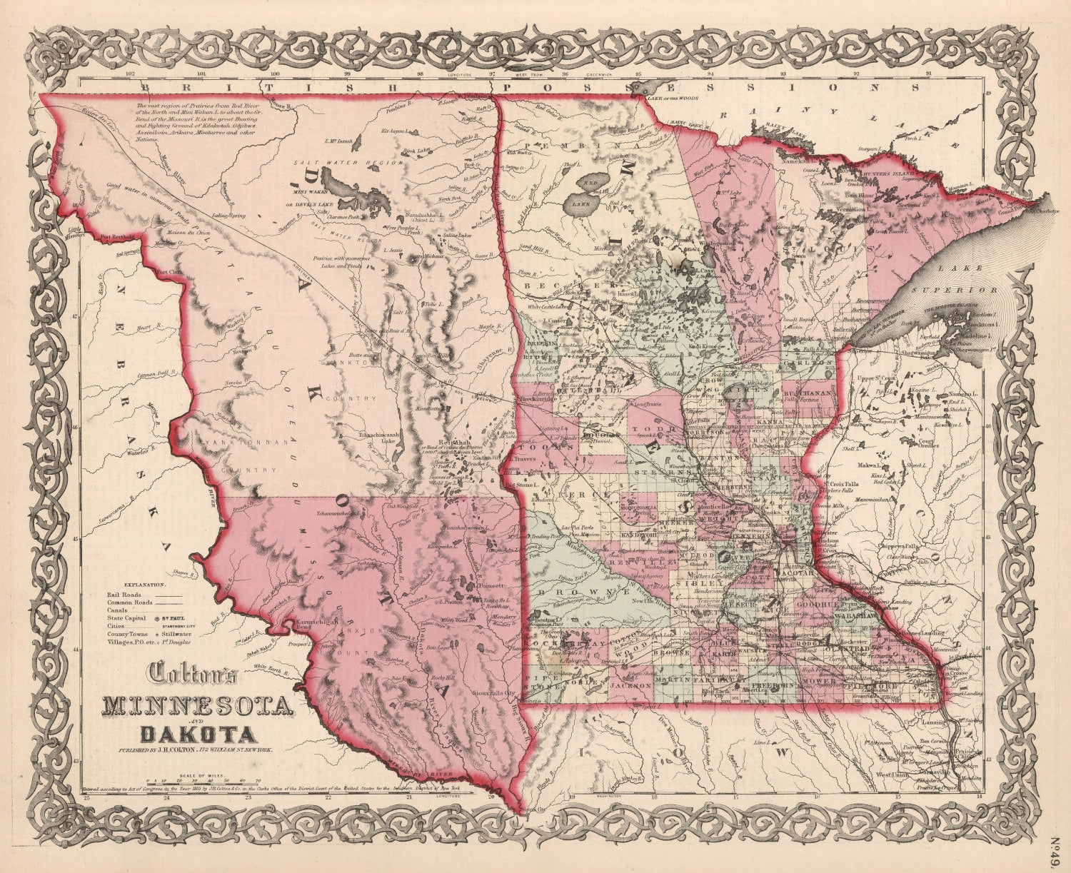 Vintage Map of Minnesota & Dakota 1861