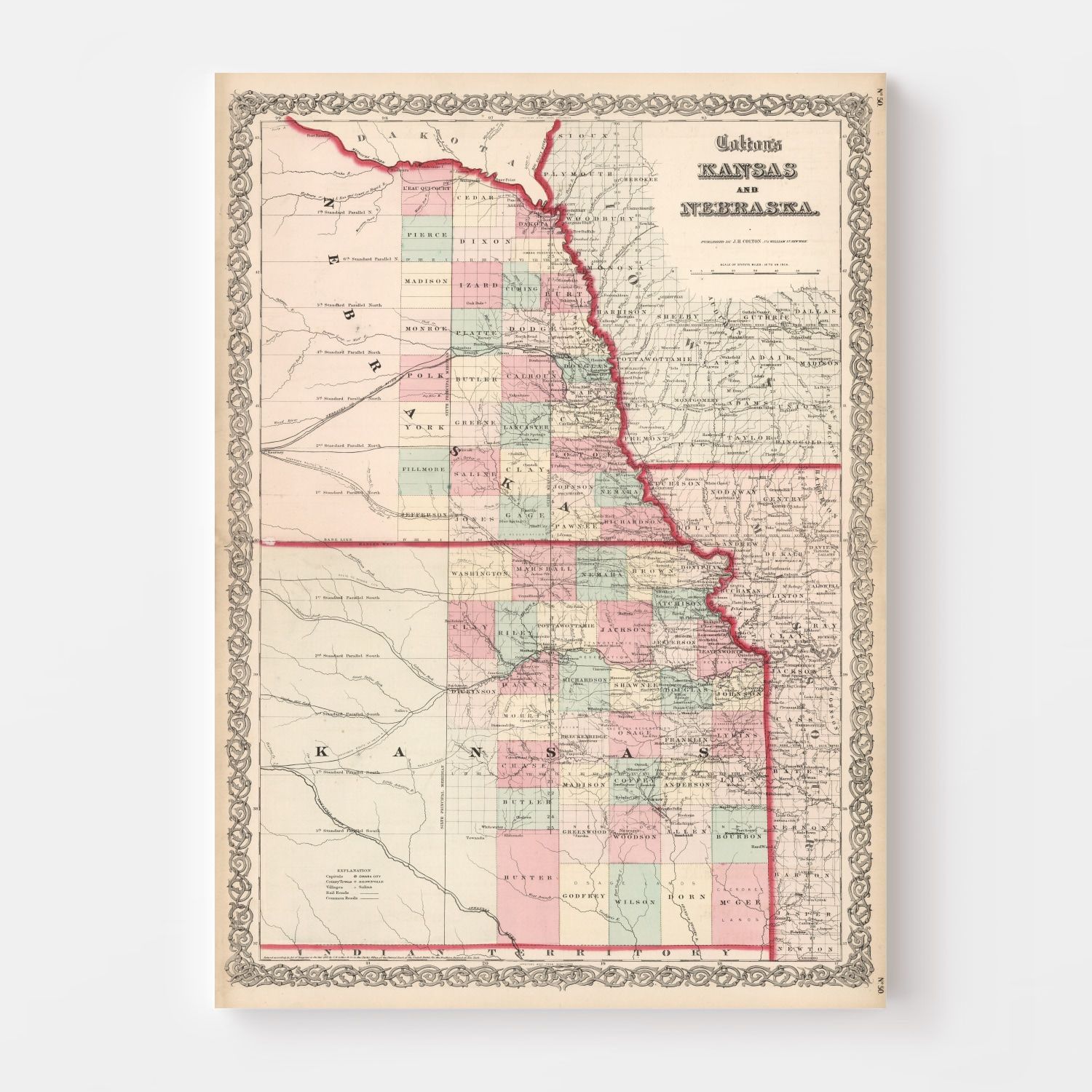 Vintage Map of Kansas & Nebraska 1861