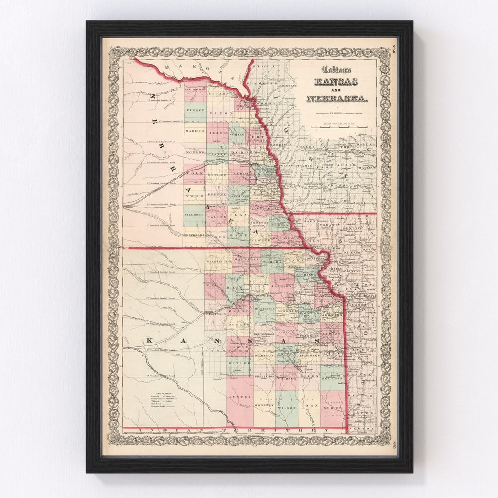 Vintage Map of Kansas & Nebraska 1861
