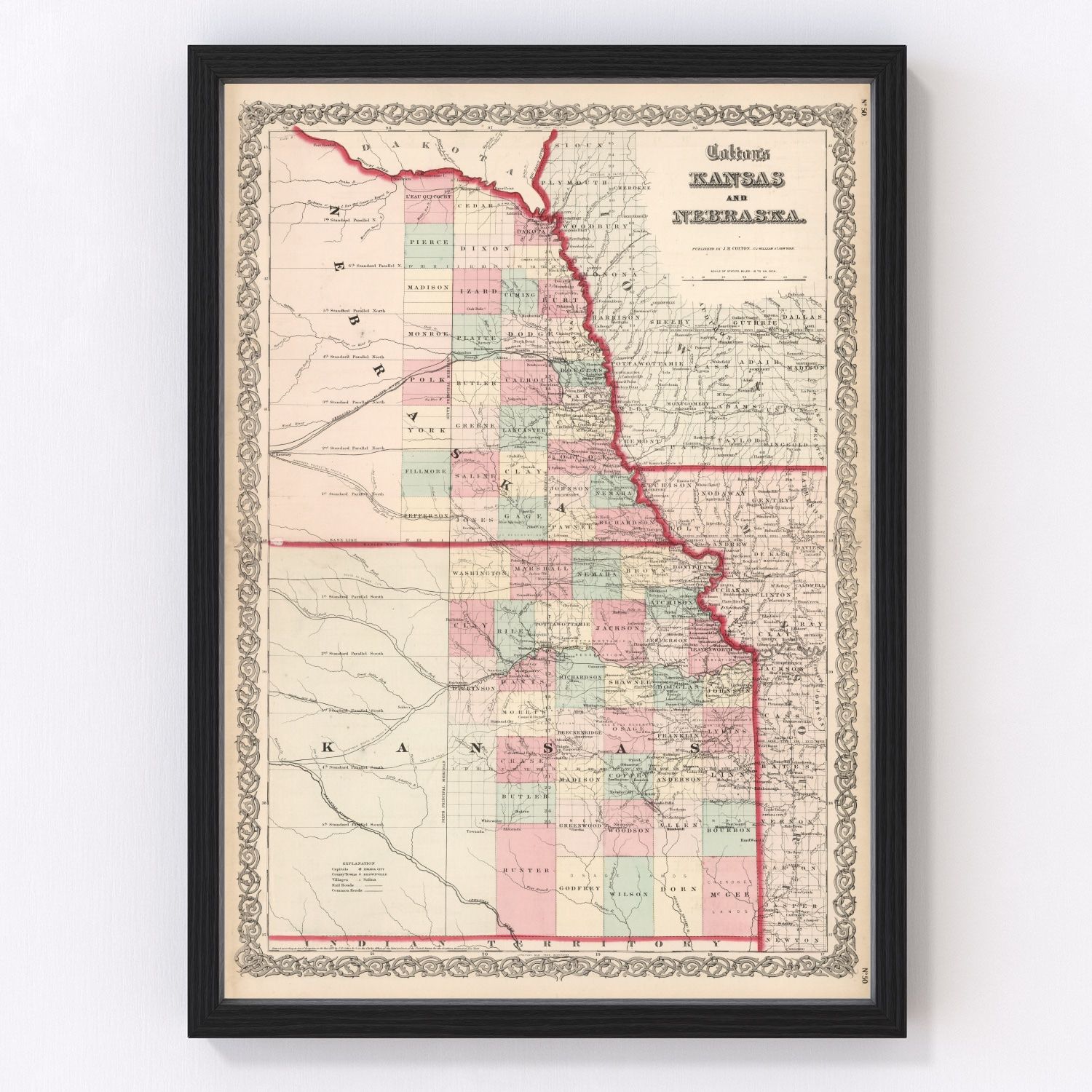 Vintage Map of Kansas & Nebraska 1861