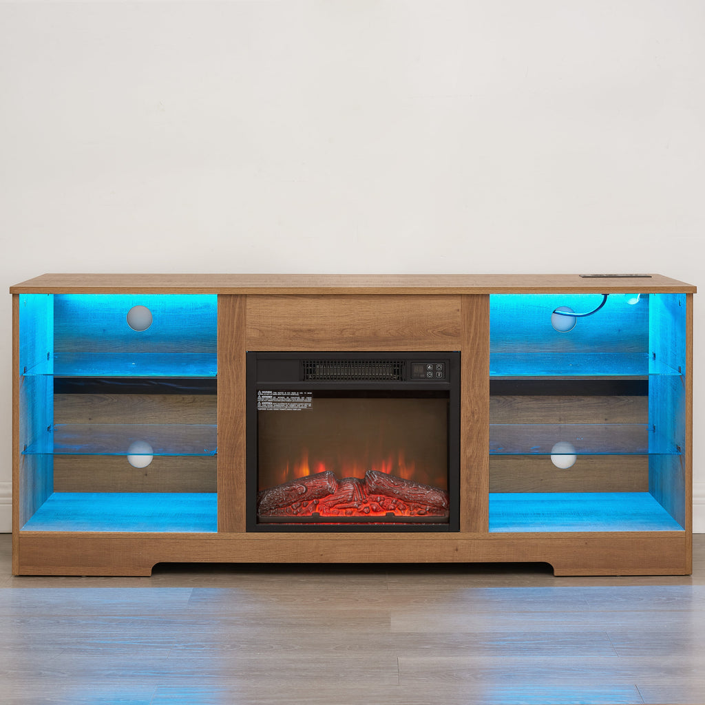 TV Stand Electric Fireplace TV Stand with Glass Shelves, 3D Fireplace TV Stand with LED Lights Wood with USB Charging Outlet Modern Television Table Center for TV up to 32-62' OAK 58'W*15.4''D*24.4
