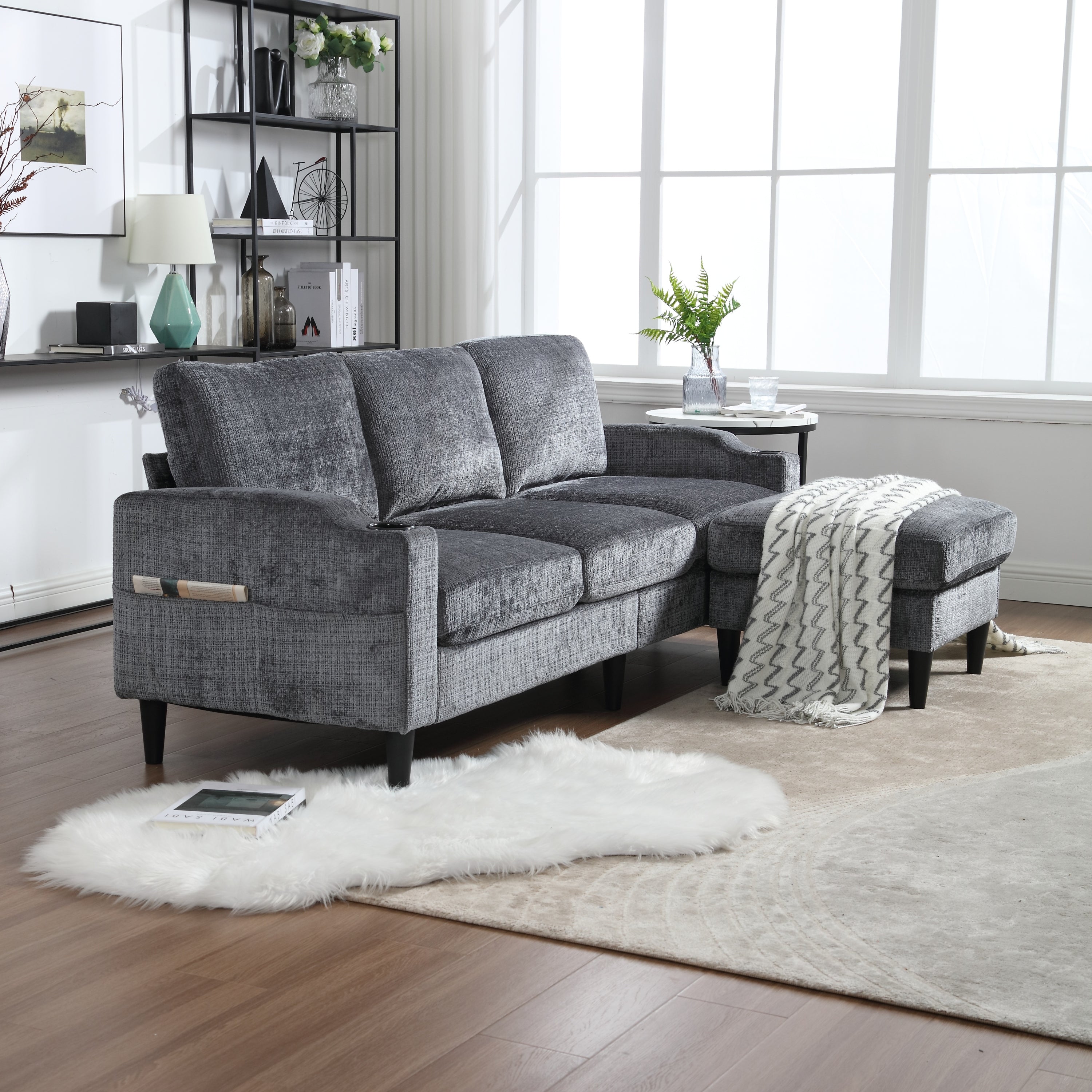 UNITED  WE WIN Sofa for three, solid wood frame, Chenille fabric, side pocket, with two cup holders, footstool with storagestorage sofa /Living room sofa cozy sectional  sofa