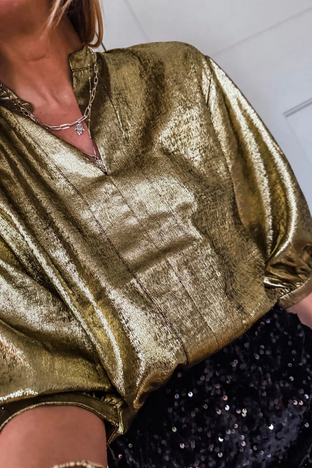 Metallic Split Neck 3/4 Sleeve Blouse