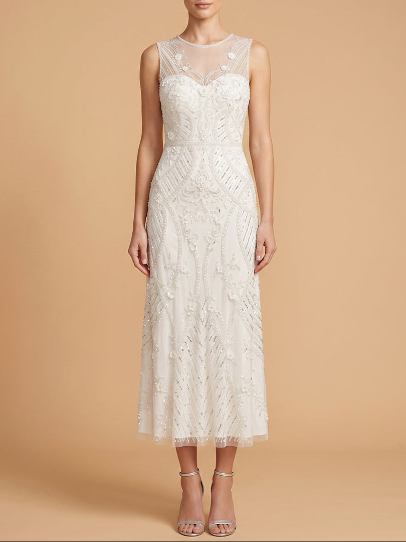 Lara Beaded A-Line Midi Dress with Illusion Neckline | 51230