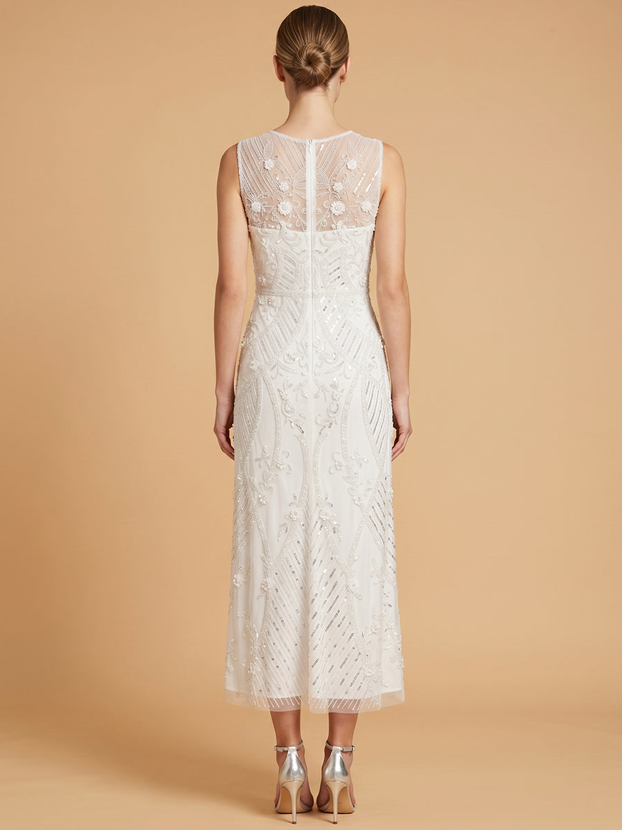 Lara Beaded A-Line Midi Dress with Illusion Neckline | 51230