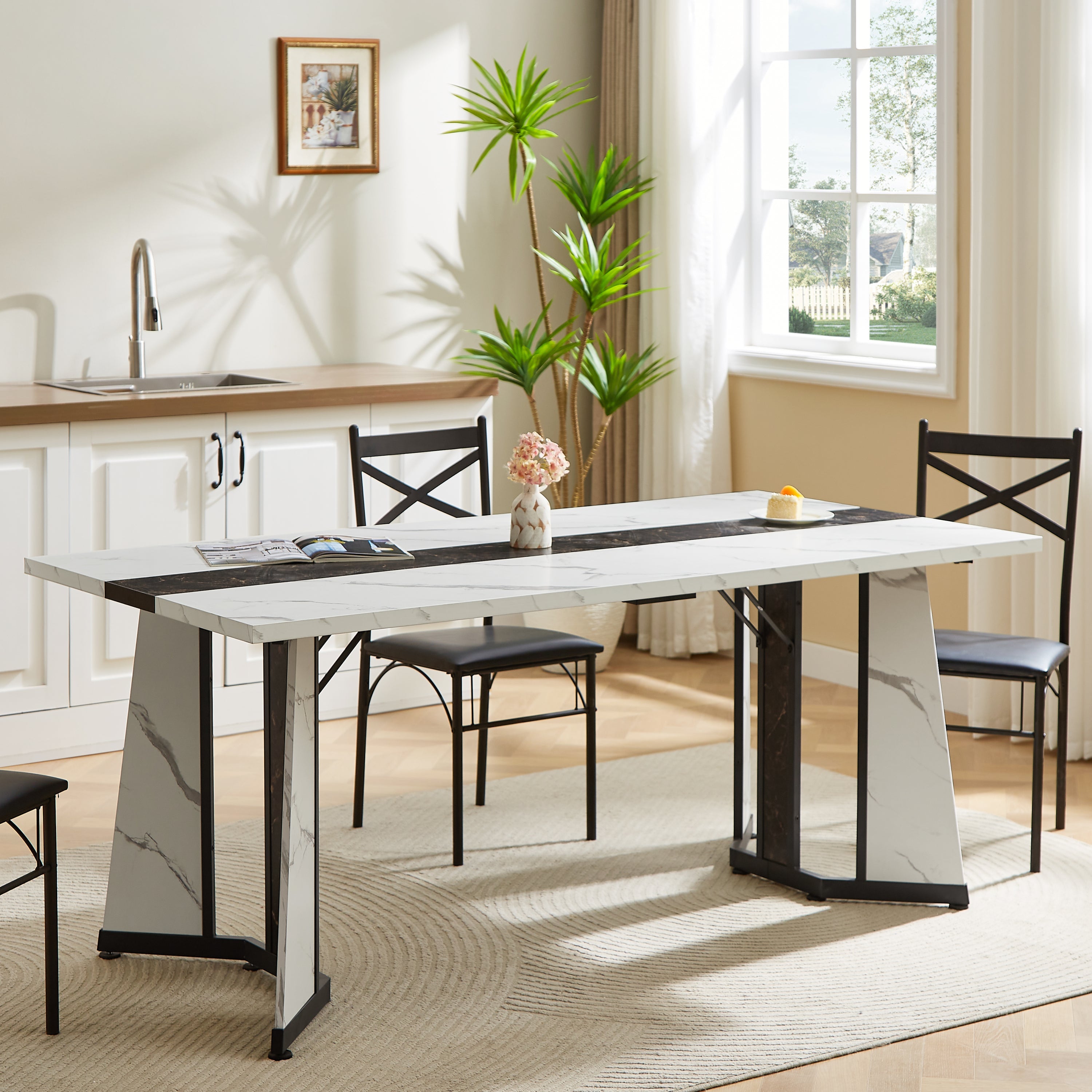 70.9'Rectangular Large Dining Table, Marble Grain Waterproof Large Desk for 8 People, Deluxe Family Dining Table with Adjustable Legs for Kitchen,Living Room,Office, White,70.9''W x 35.4''D x 30.3''H