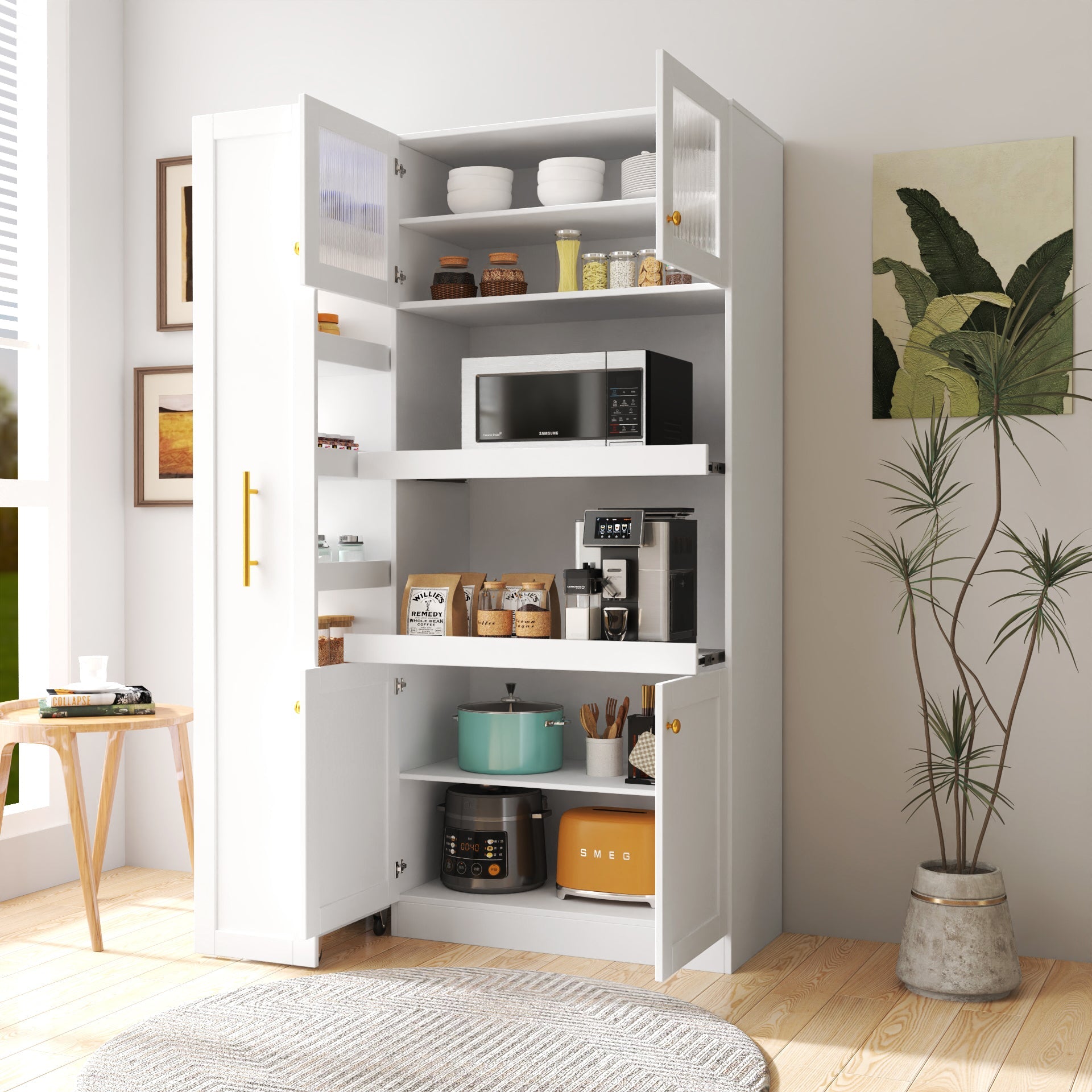 Kitchen pantry cabinet with multi-functional pull-out multi-tier storage shelf,Farmhouse Storage Cabinet with 4 Doors,Pantry Organizers for Kitchen,Dining Room(White)