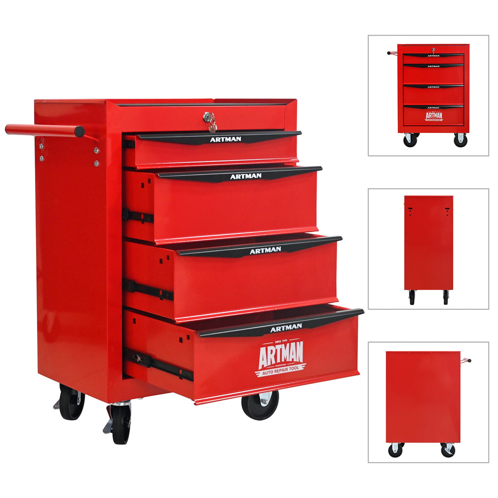 Rolling Metal Tool Chest with 4 Drawers, 20' Steel Storage Cabinet with Ball Bearing Slides, Black and Red Finish