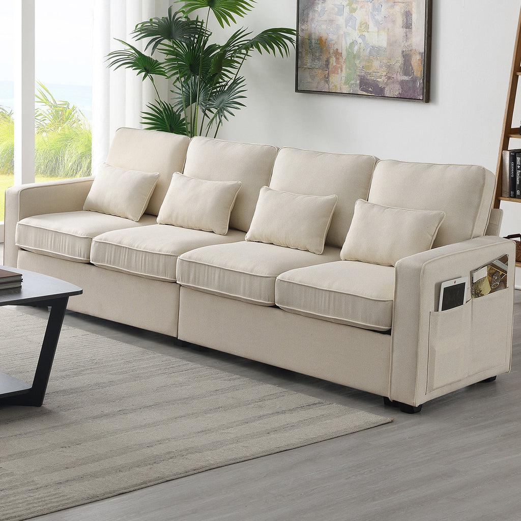 [VIDEO provided] [New] 104' 4-Seater Modern Linen Fabric Sofa with Armrest Pockets and 4 Pillows,Minimalist Style Couch for Living Room, Apartment, Office,3 Colors