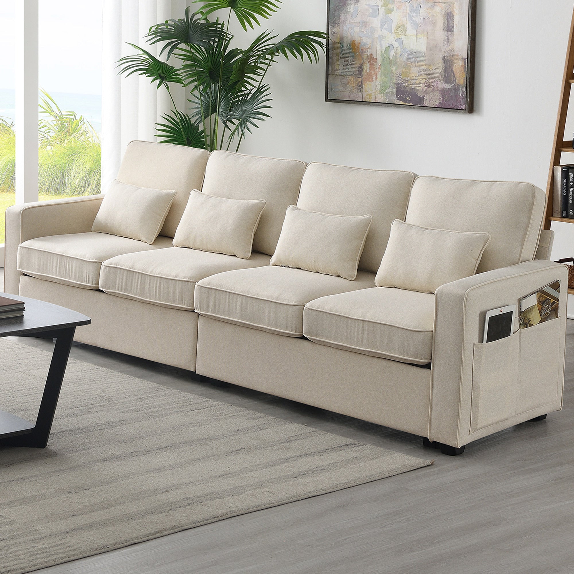 [VIDEO provided] [New] 104' 4-Seater Modern Linen Fabric Sofa with Armrest Pockets and 4 Pillows,Minimalist Style Couch for Living Room, Apartment, Office,3 Colors