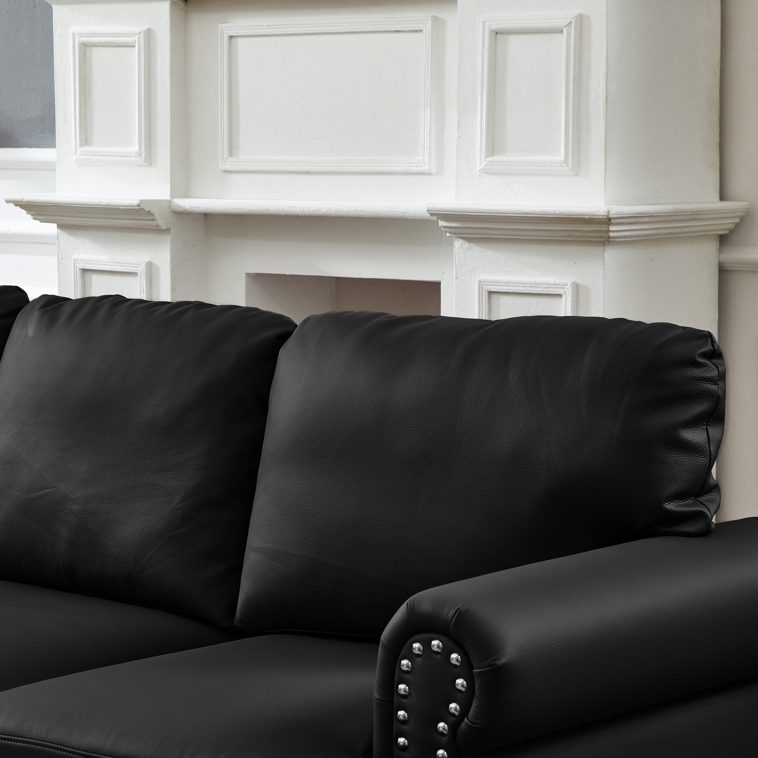 Modern Classic Design with Nails Living Room 2+3 seater Loveseat & Sofa Leather Couch,Upholstered Imitation Cowhide Leather Black