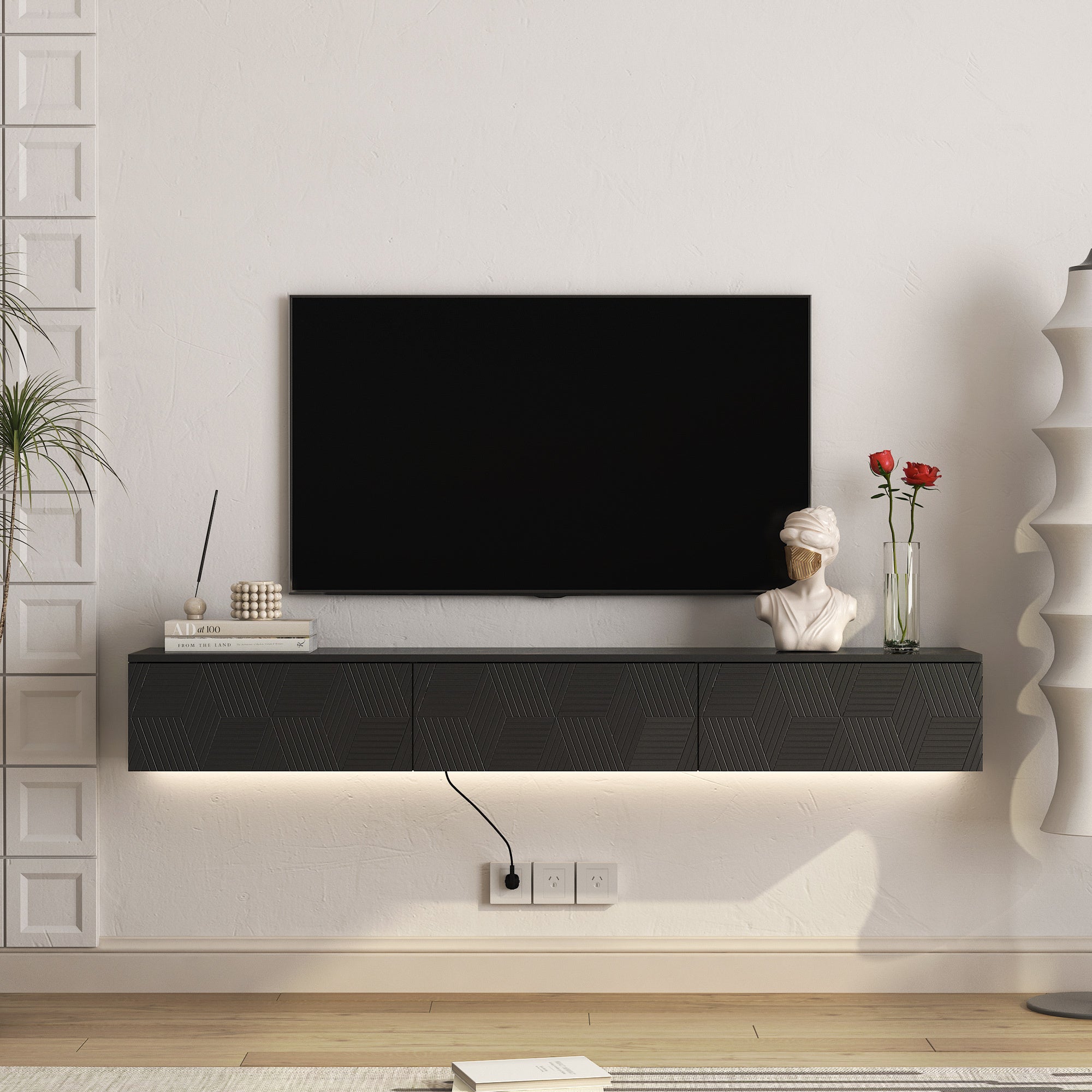 Floating TV Stand Wall Mounted with 16 Color LEDs,67' Modern TV Stand, Floating TV Cabinet Entertainment Center for 55 60 65 Inch TV,Black