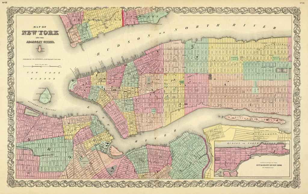 Vintage Map of New York City, New York 1856