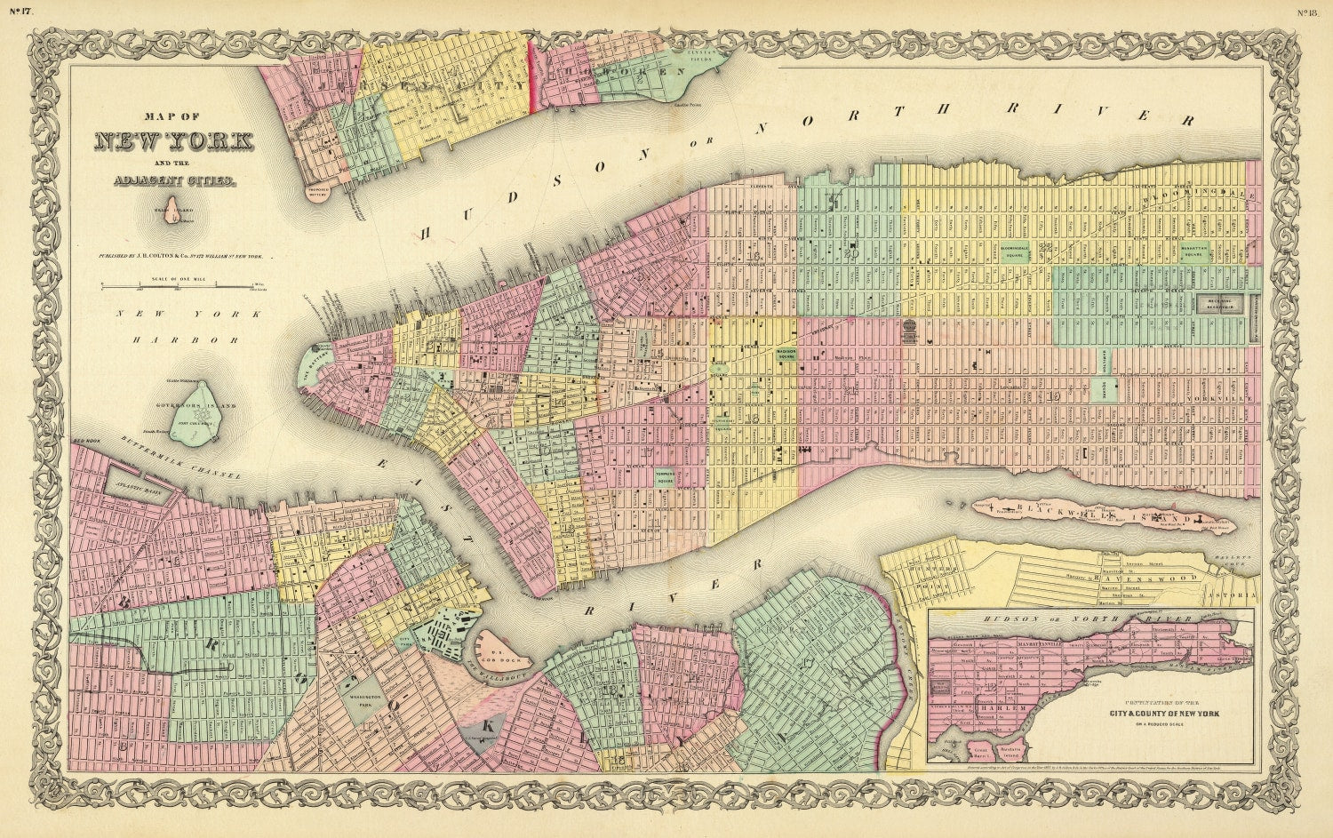 Vintage Map of New York City, New York 1856