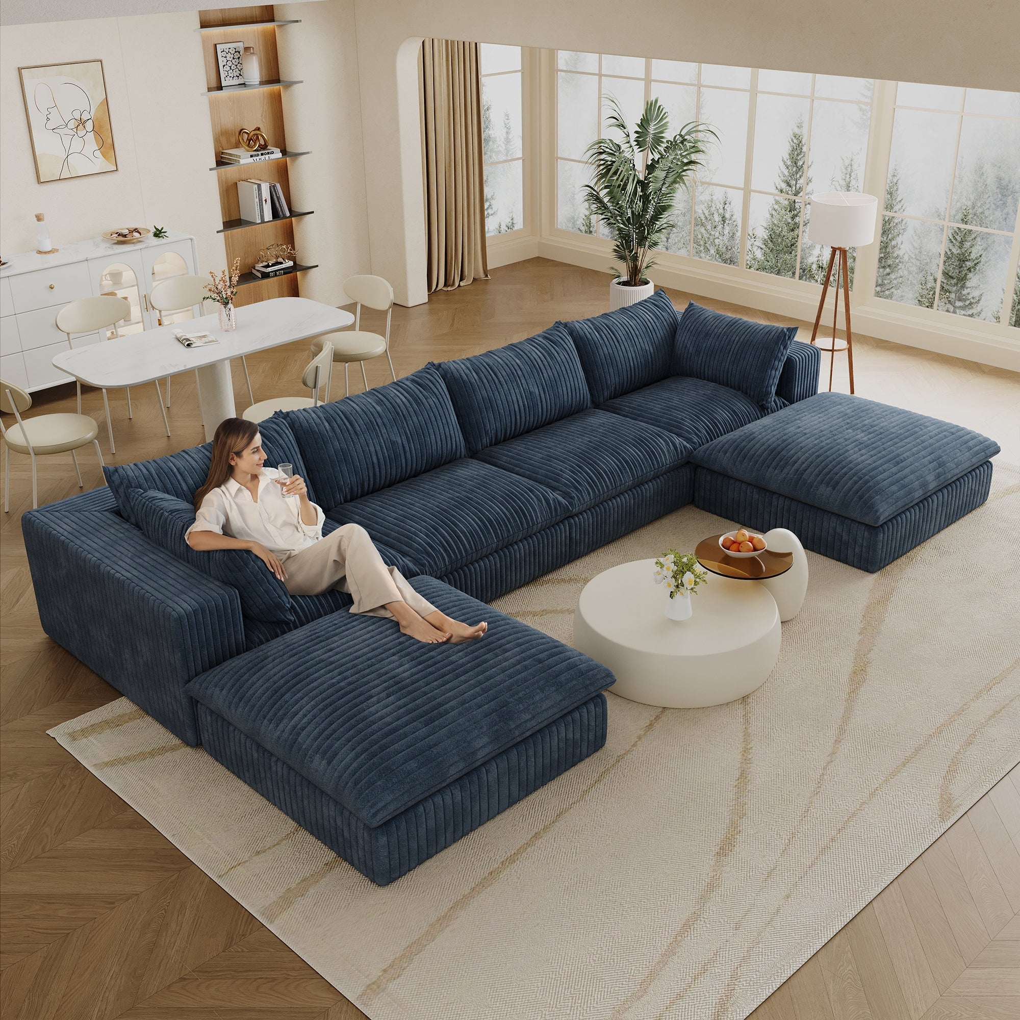 157.6'Cloud Sofa,Corduroy Fabric,Deep Seat Couches,Double-layer design,Removable  Cushion,No Assembly,DIY Combination for Living room, Bedroom,Conference room ,Apartment,Blue