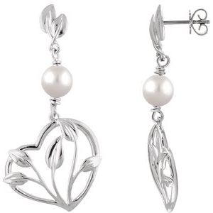 14K Yellow Gold Cultured White Freshwater Pearl Leaf & Heart Earrings