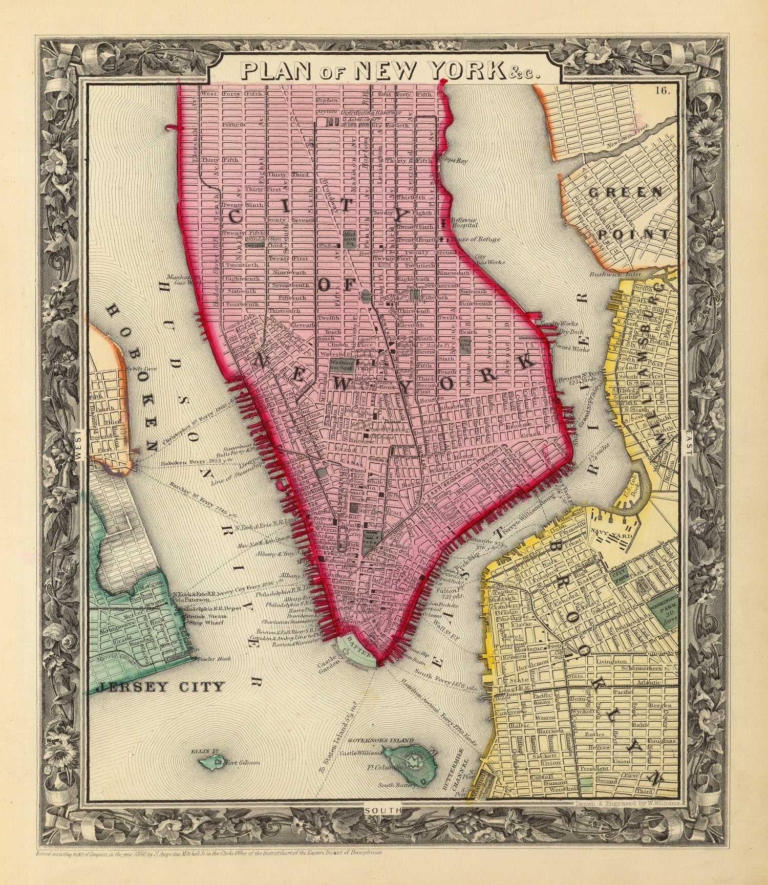 Vintage Map of New York City, New York 1860