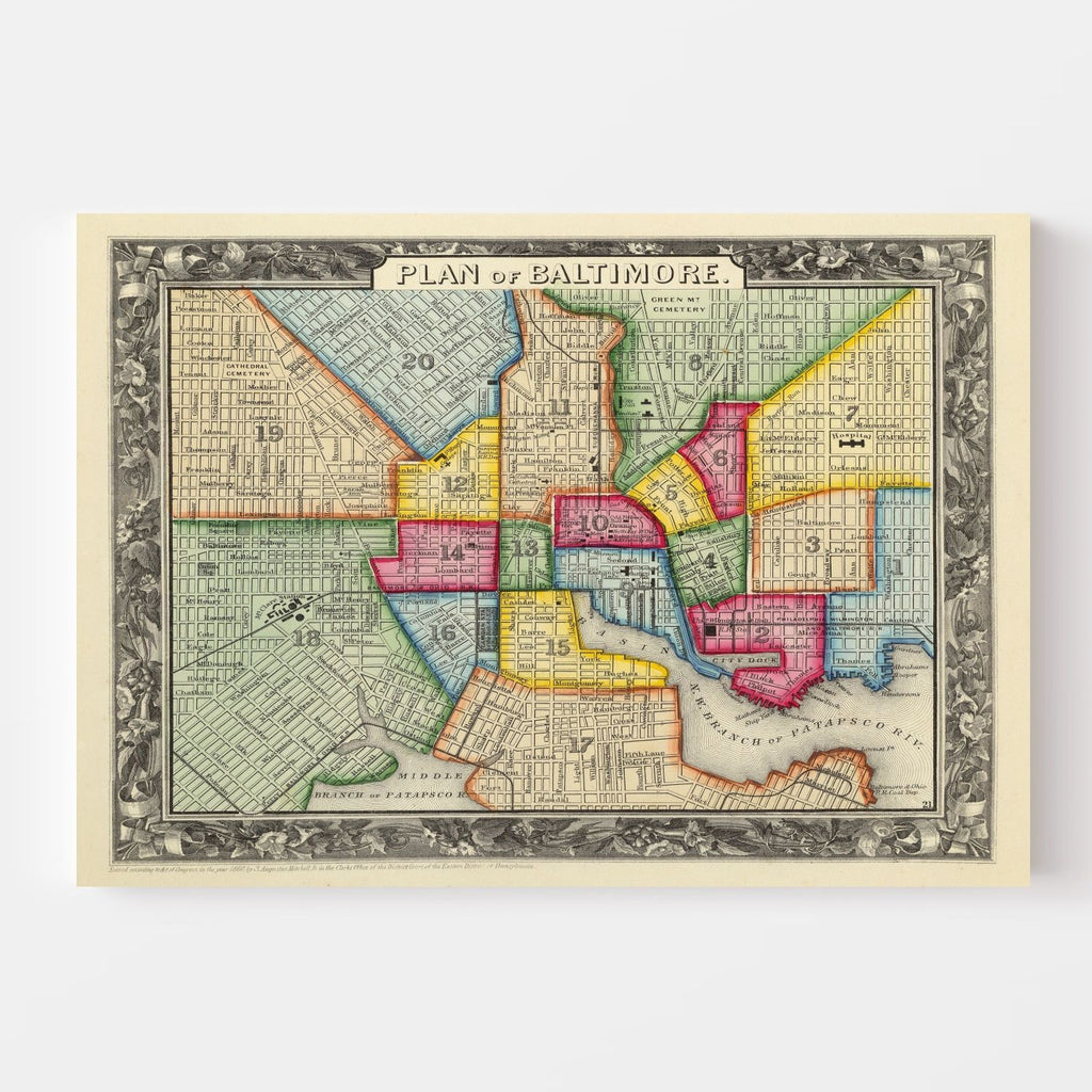 Vintage Map of Baltimore, Maryland 1860