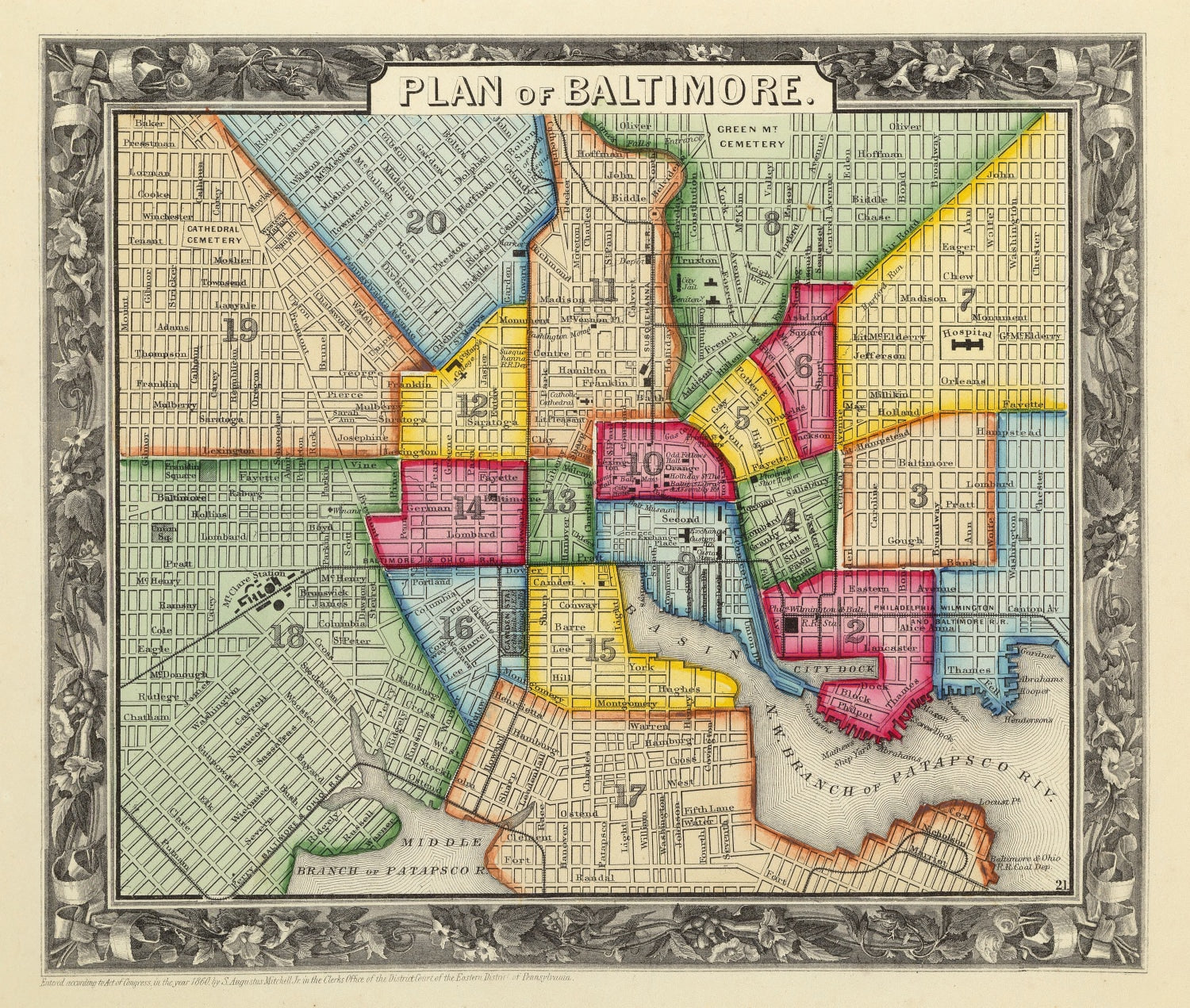 Vintage Map of Baltimore, Maryland 1860