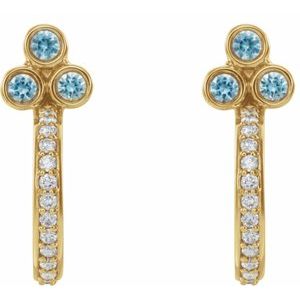 14K Yellow Gold Natural Blue Zircon & 1/4 CTW Natural Diamond J-Hoop Earrings