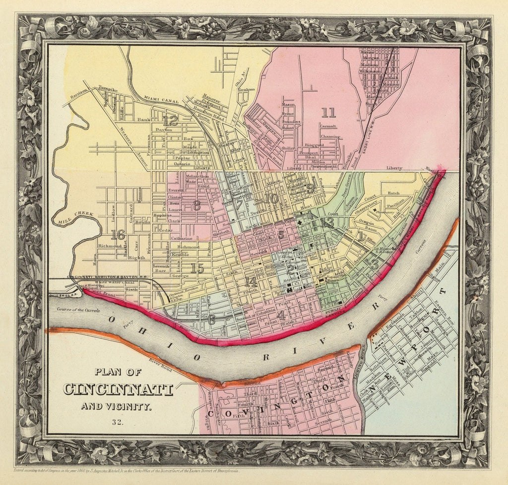 Vintage Map of Cincinnati, Ohio 1860