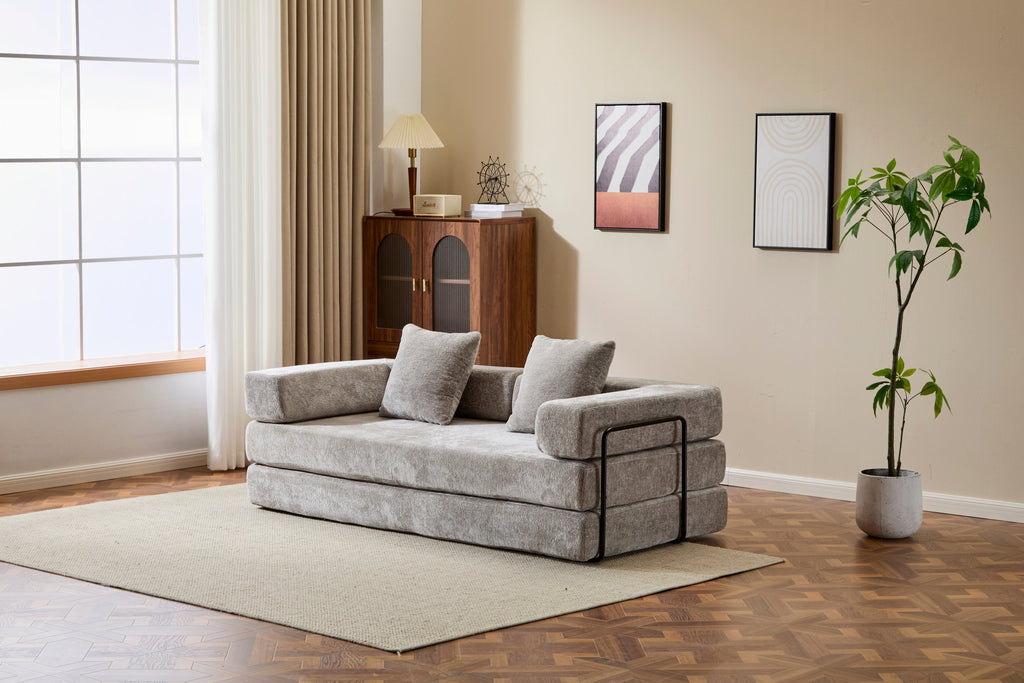 Floor Couch,Compression Sofa,Convertible Floor Sofa Bed-with Pillow Back Support Armrest,Comfy Futon Couch Lounge Sleeper Bed,Chenille fabric,for Living Room Bedroom (LIGHT-GREY)
