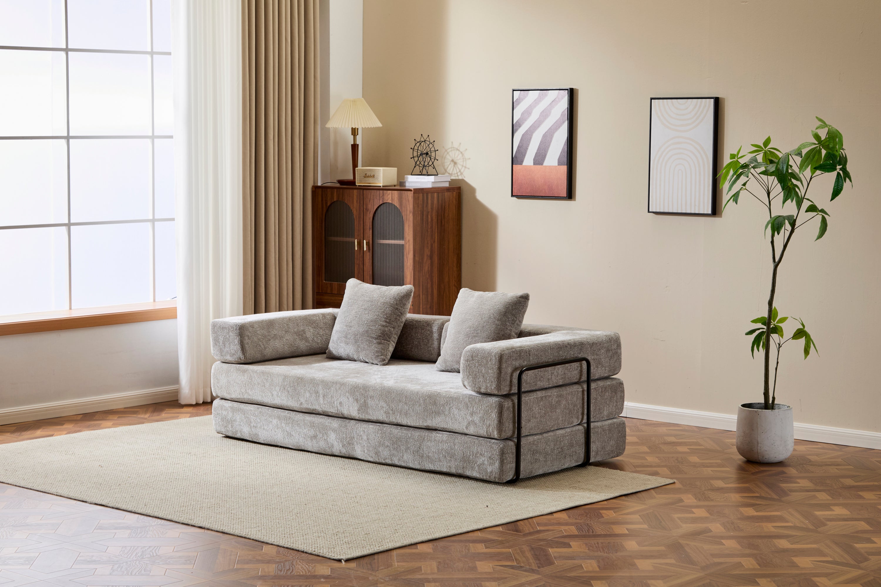 Floor Couch,Compression Sofa,Convertible Floor Sofa Bed-with Pillow Back Support Armrest,Comfy Futon Couch Lounge Sleeper Bed,Chenille fabric,for Living Room Bedroom (LIGHT-GREY)