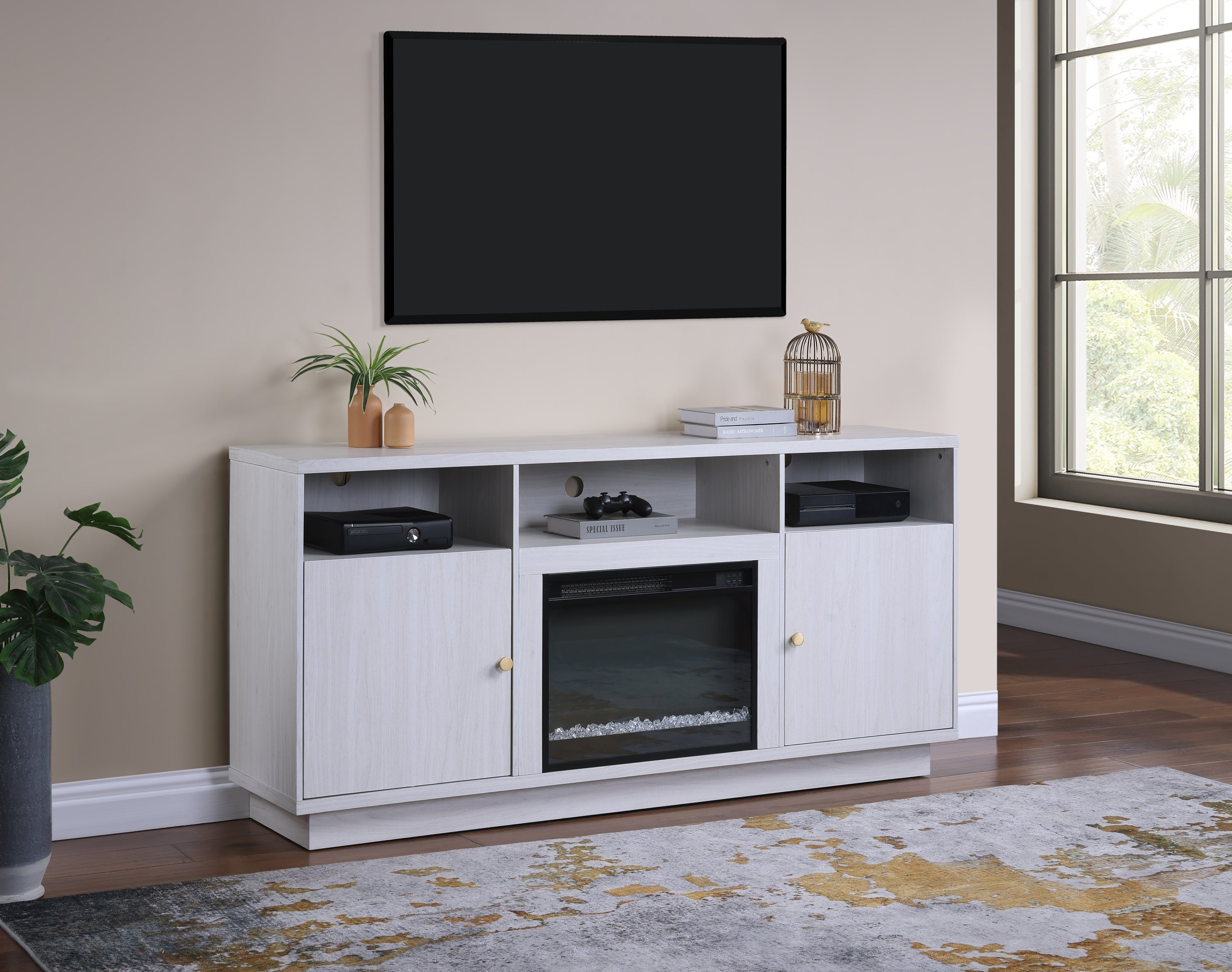 Ambrose 70'W White Walnut Finish Fireplace Console TV Stand with Heater, LED Light, Cabinets, Shelves