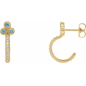 14K Yellow Gold Natural Blue Zircon & 1/4 CTW Natural Diamond J-Hoop Earrings