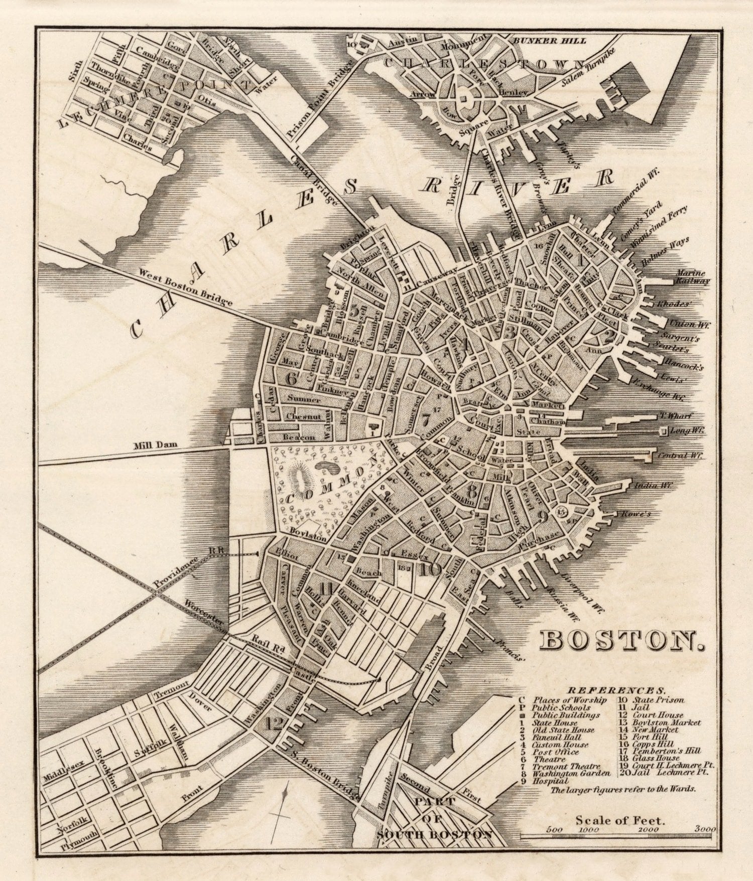 Vintage Map of Boston, Massachusetts 1844
