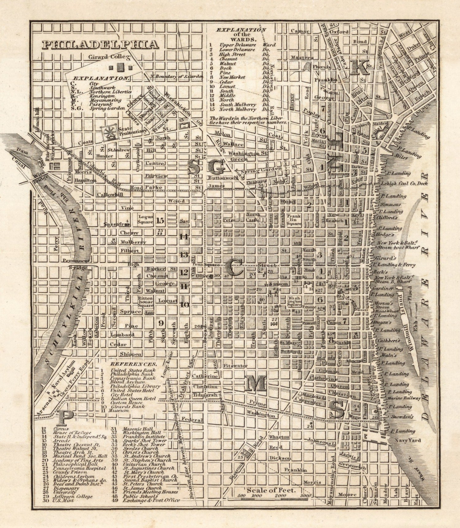 Vintage Map of Philadelphia, Pennsylvania 1844