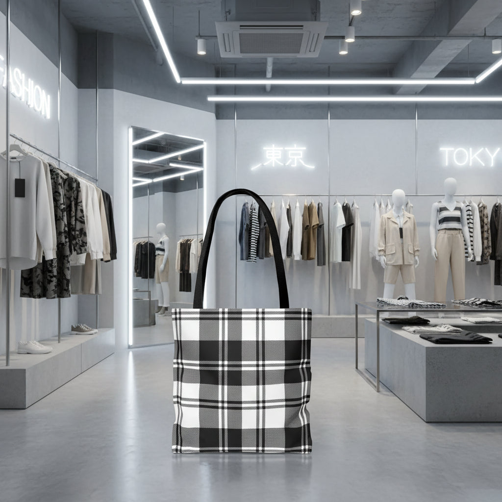 Black Checkered Plaid Tote Bag