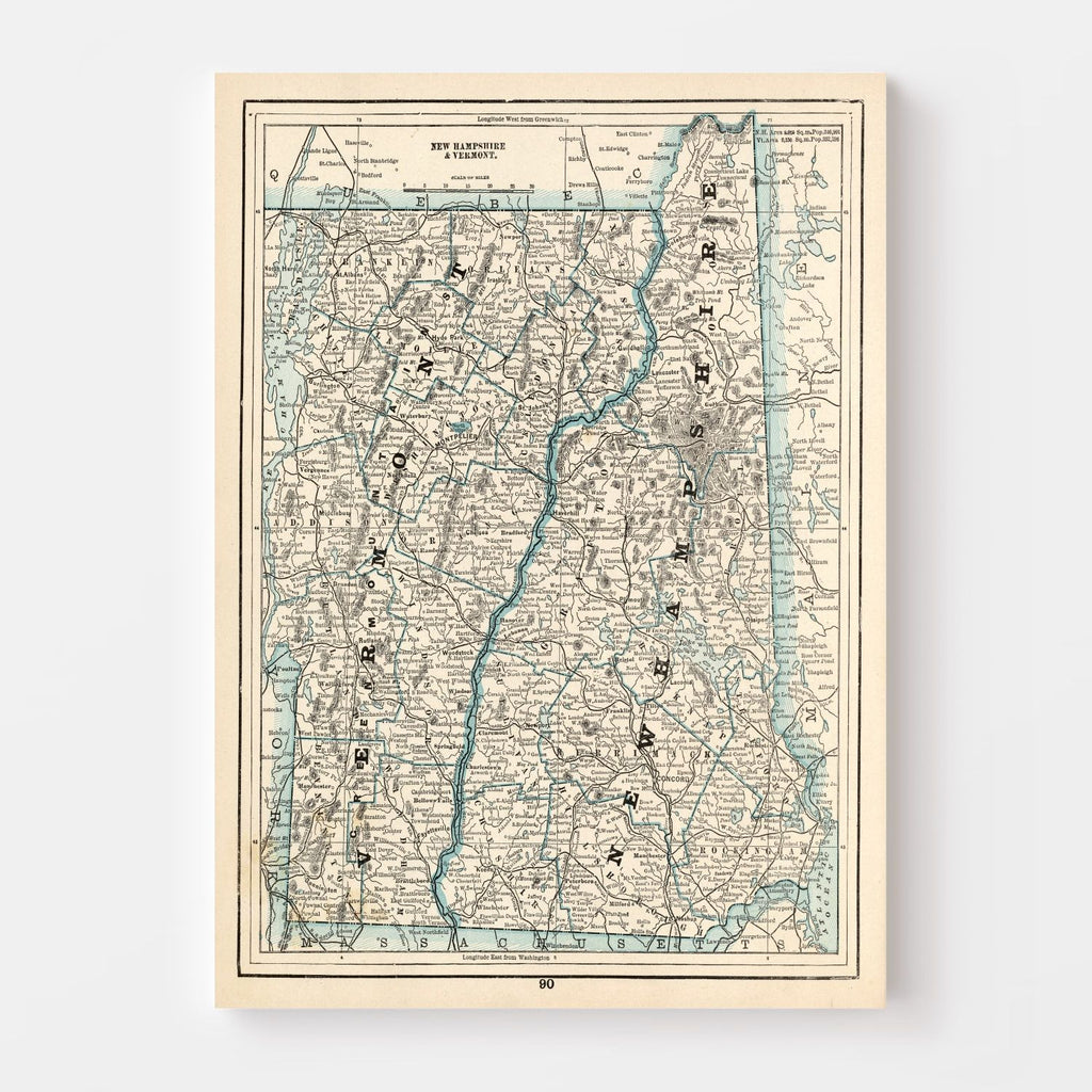 Vintage Map of New Hampshire & Vermont 1893