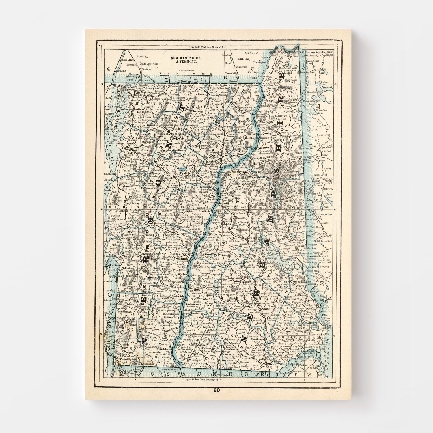 Vintage Map of New Hampshire & Vermont 1893