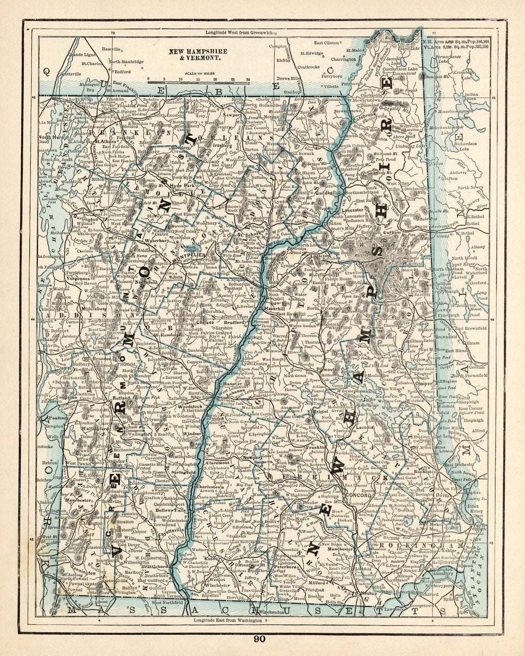 Vintage Map of New Hampshire & Vermont 1893
