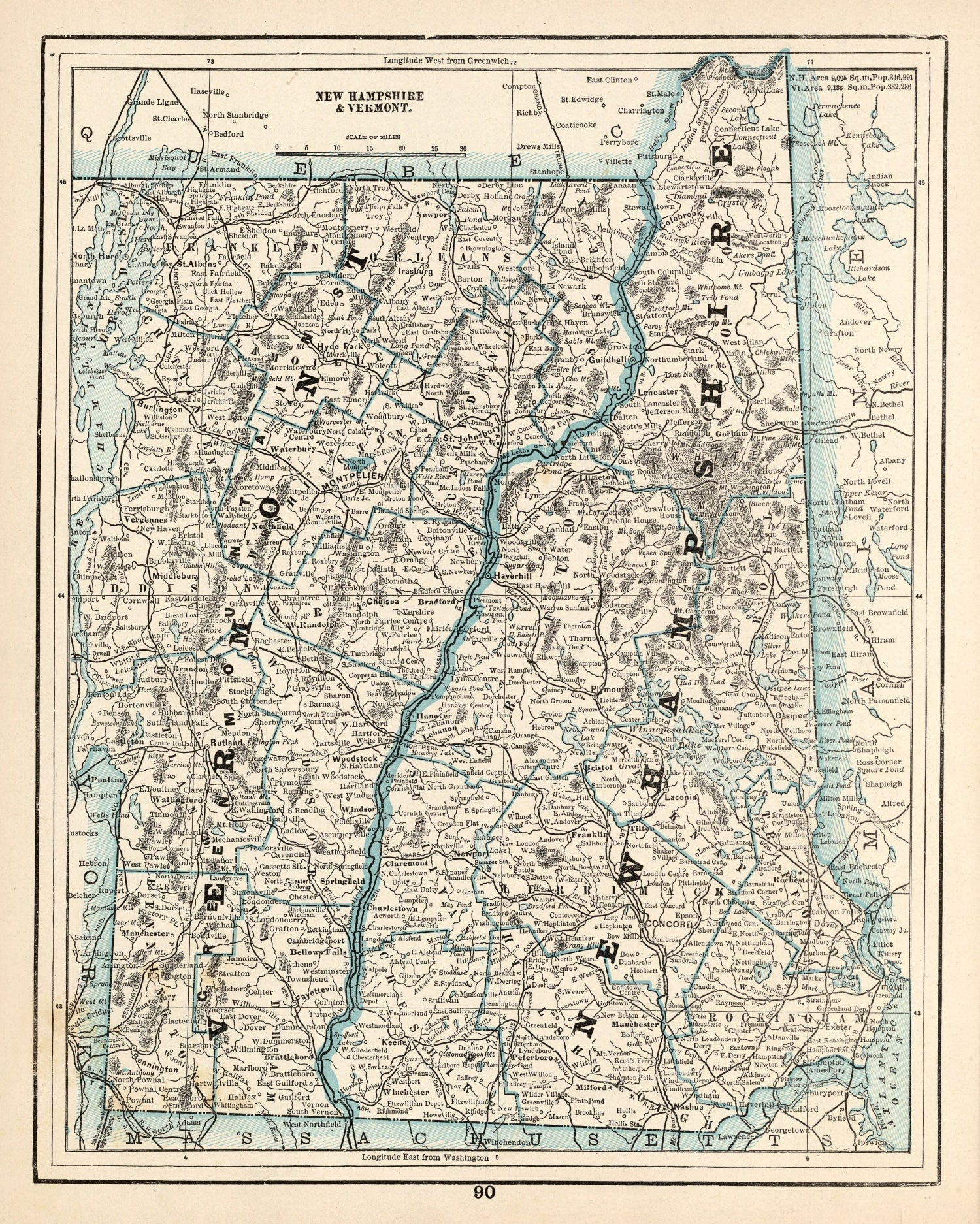 Vintage Map of New Hampshire & Vermont 1893