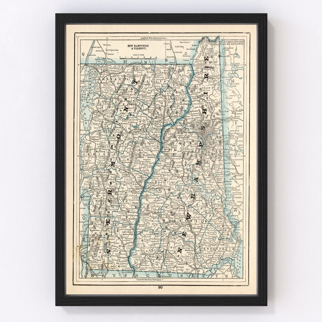 Vintage Map of New Hampshire & Vermont 1893