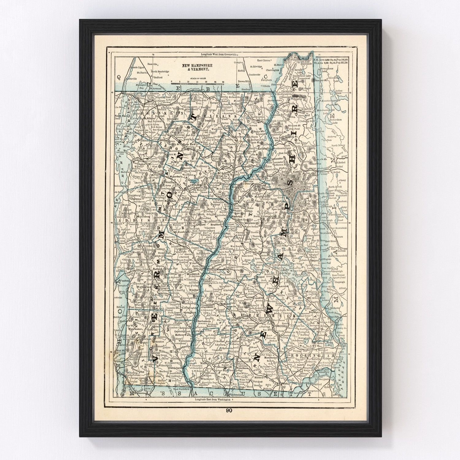 Vintage Map of New Hampshire & Vermont 1893