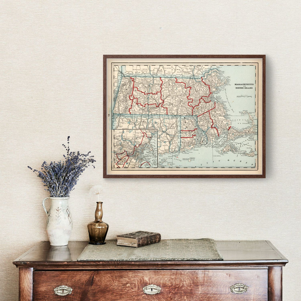 Vintage Map of Massachusetts & Rhode Island 1893