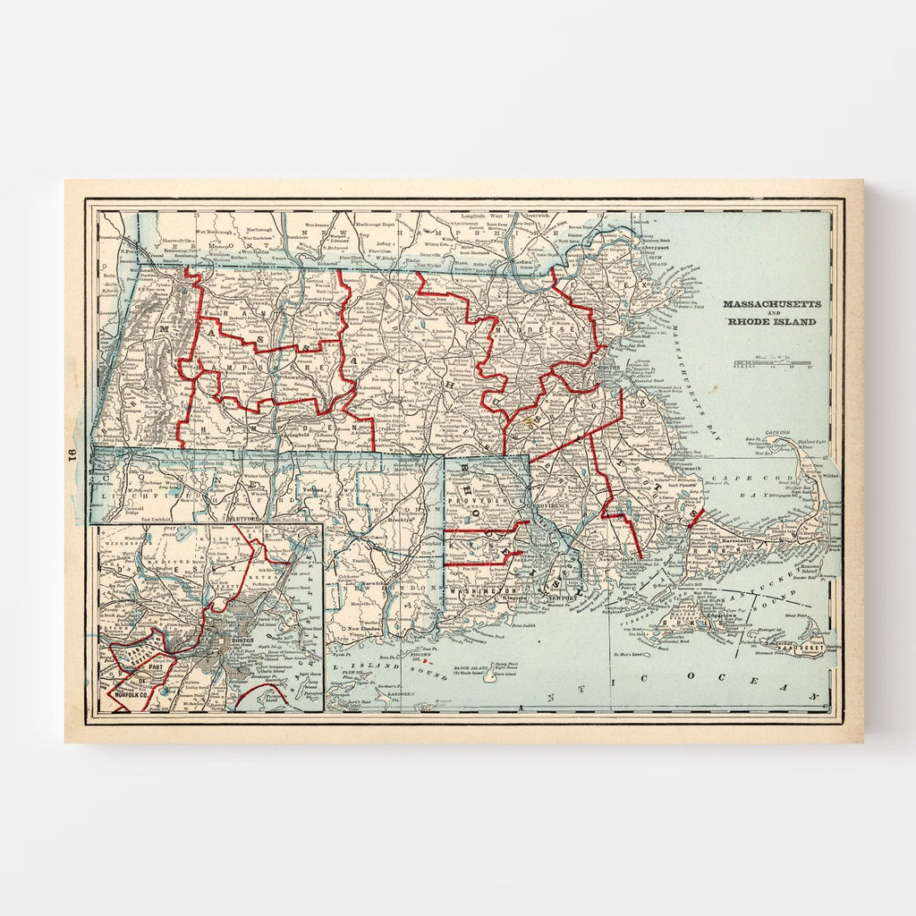 Vintage Map of Massachusetts & Rhode Island 1893