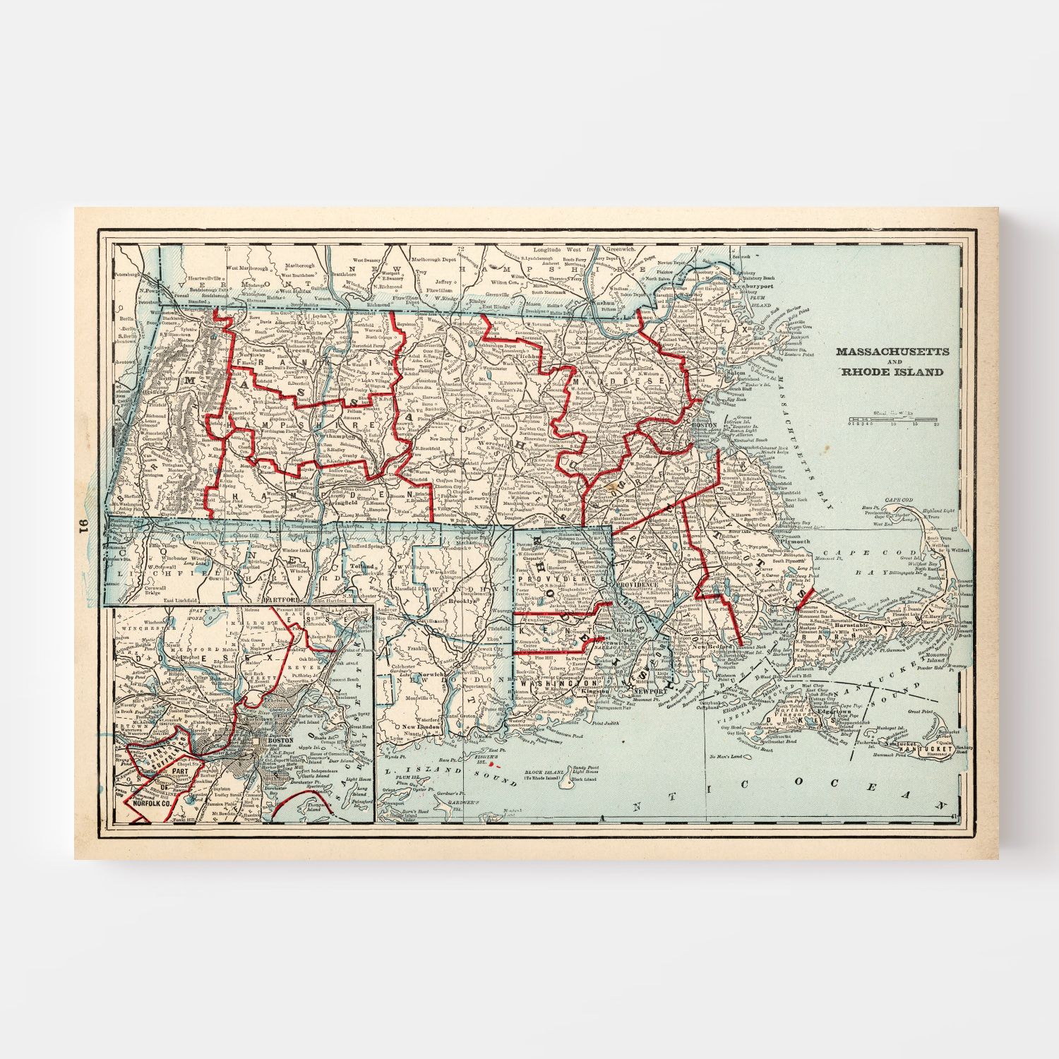 Vintage Map of Massachusetts & Rhode Island 1893