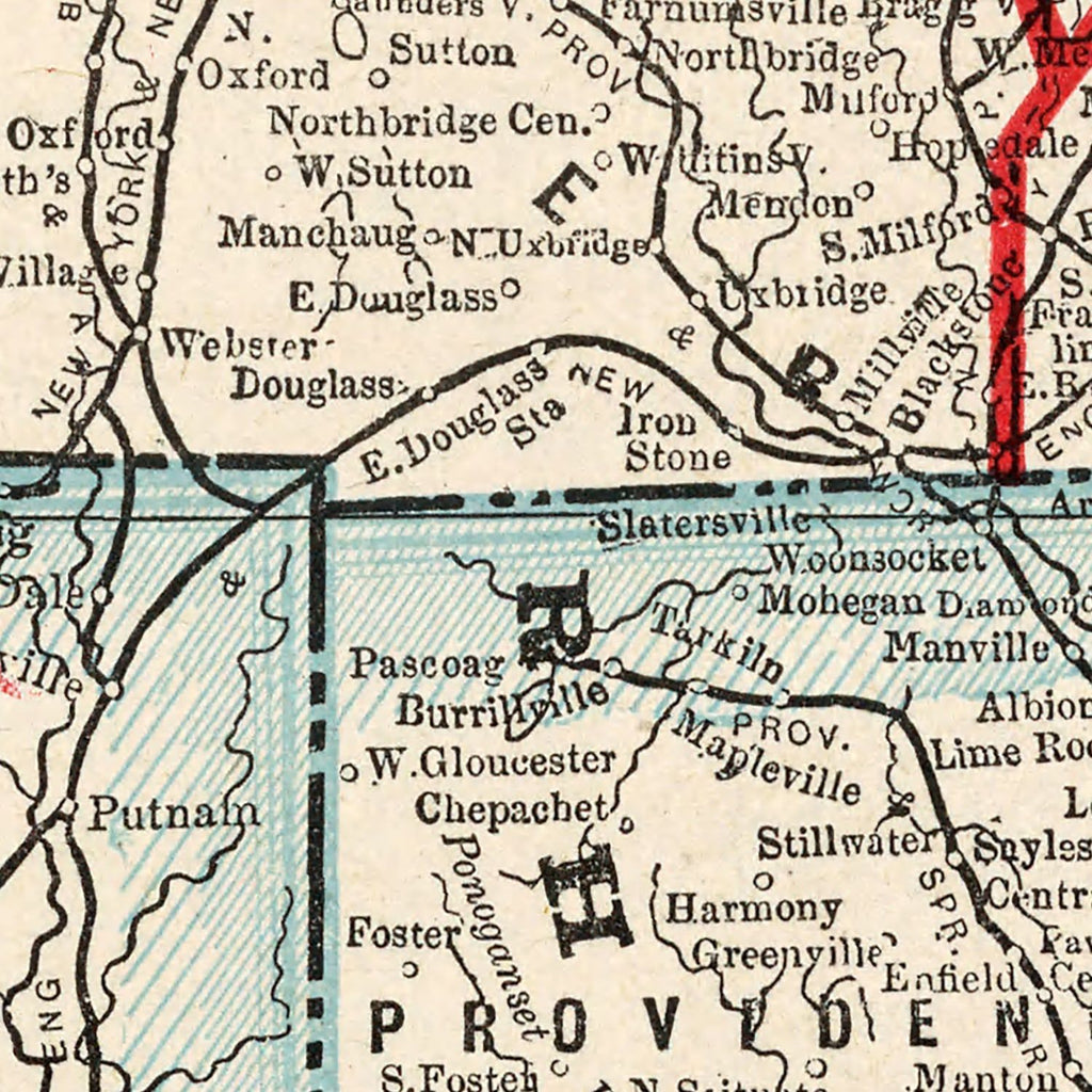 Vintage Map of Massachusetts & Rhode Island 1893