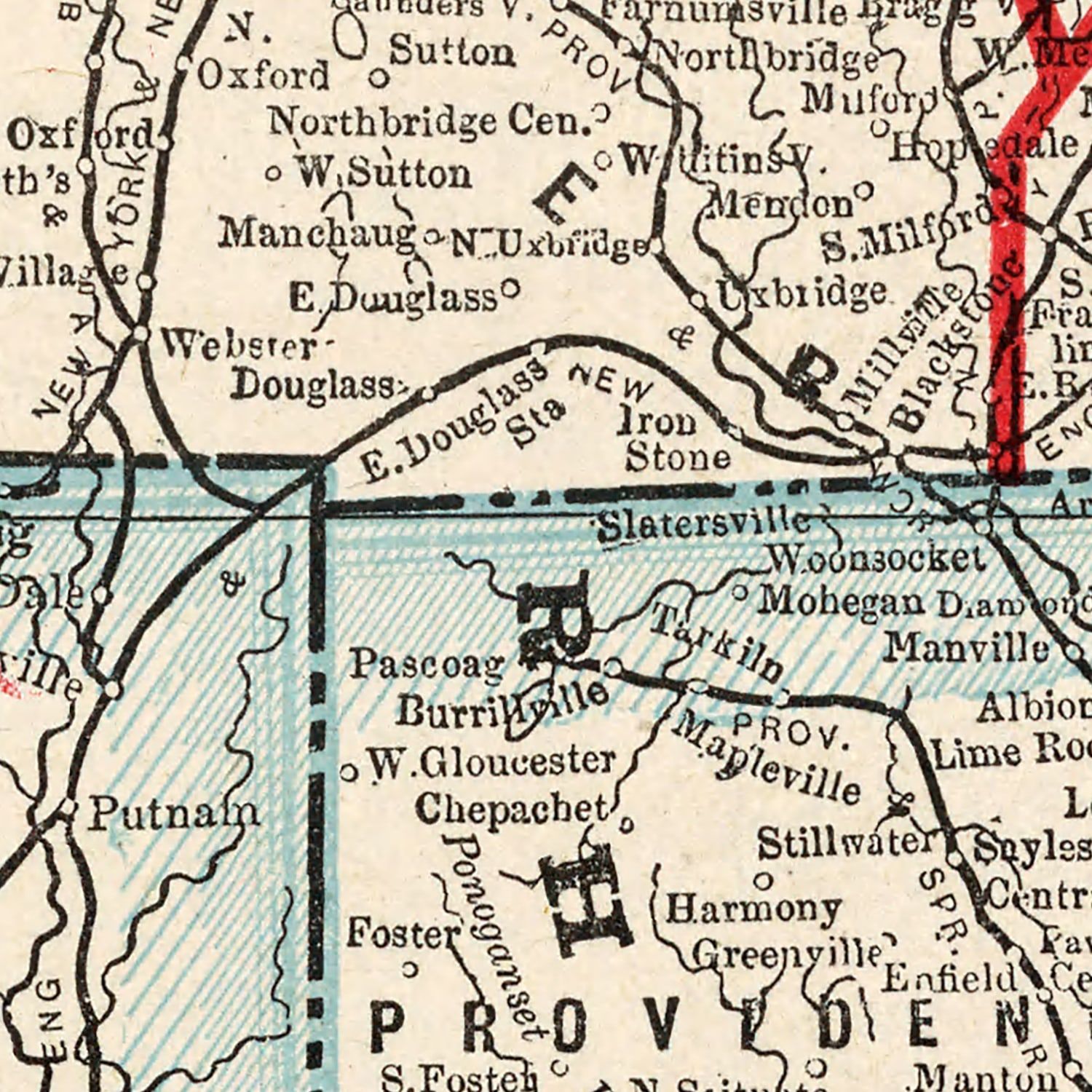 Vintage Map of Massachusetts & Rhode Island 1893