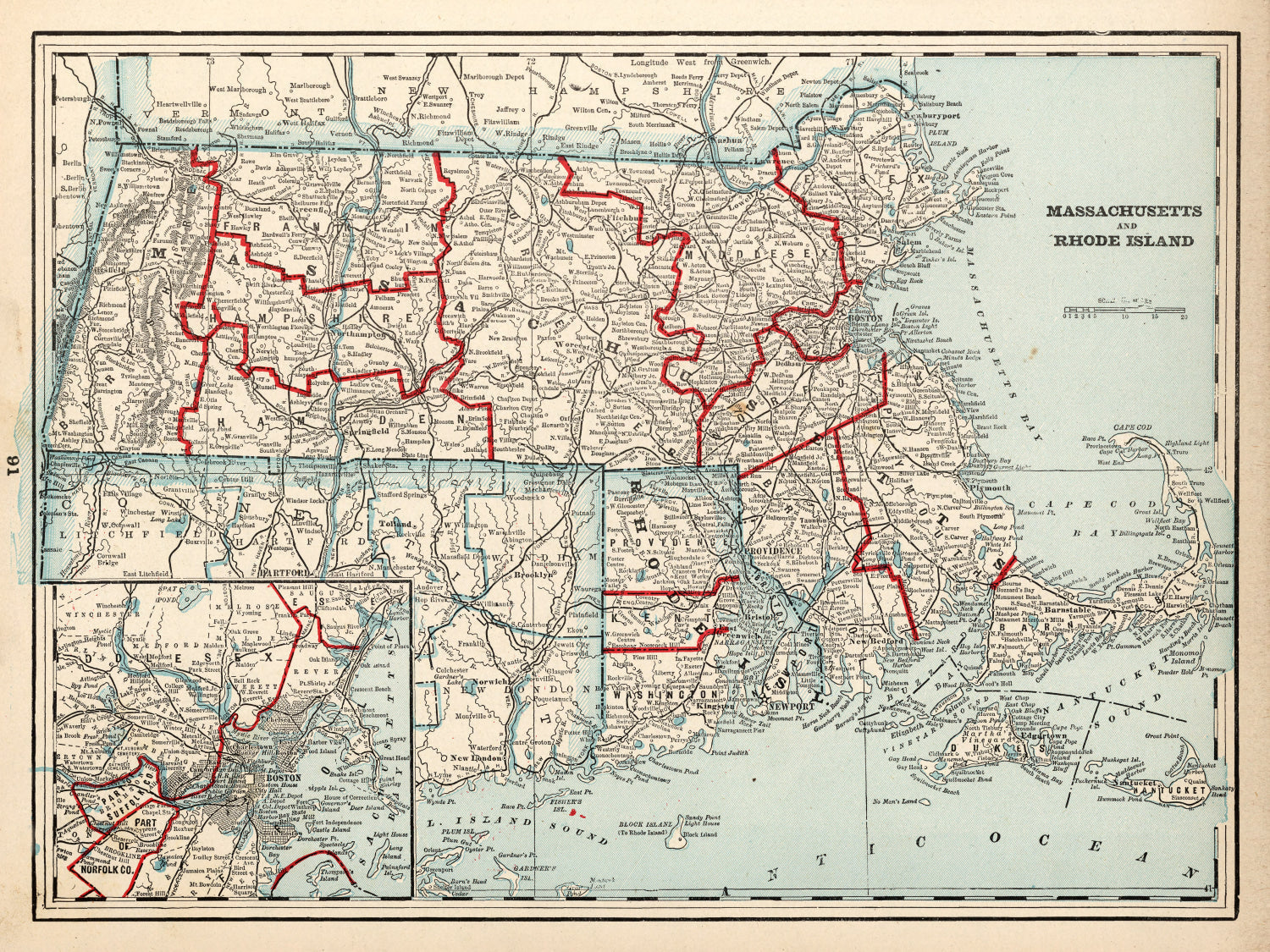 Vintage Map of Massachusetts & Rhode Island 1893