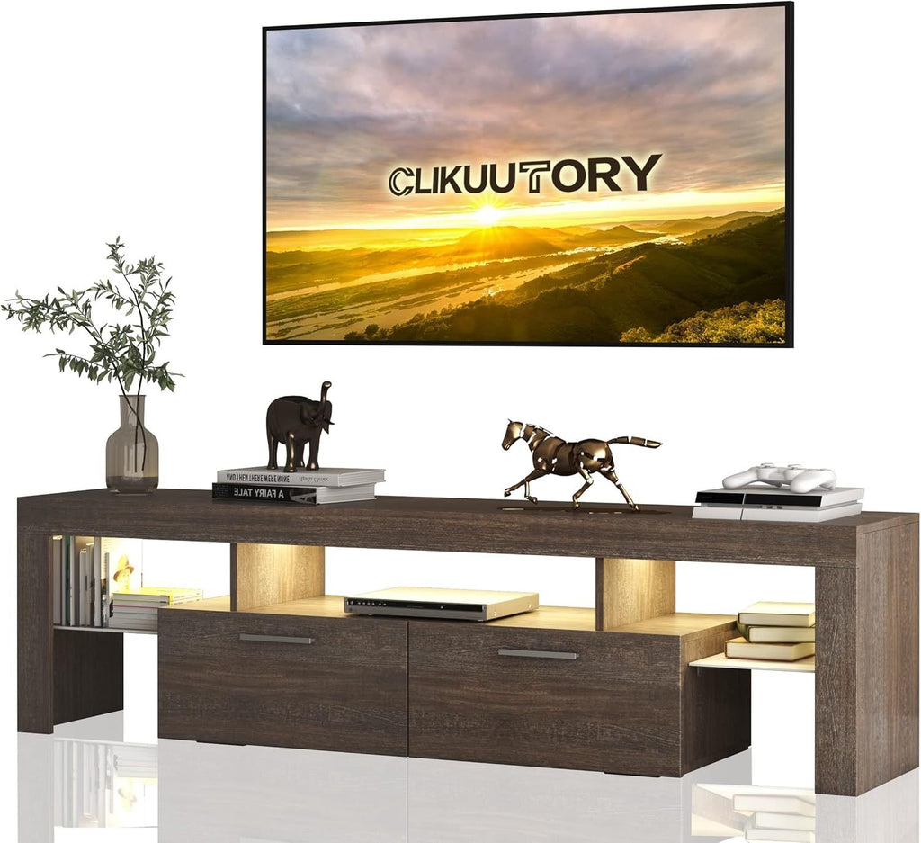 DFW Modern LED TV Stand with Large Storage Drawer for 40 50 55 60 65 70 75 Inch TVs, Brown Wood Farmhouse TV Console with Glossy Entertainment Center for Living Room, Bedroom