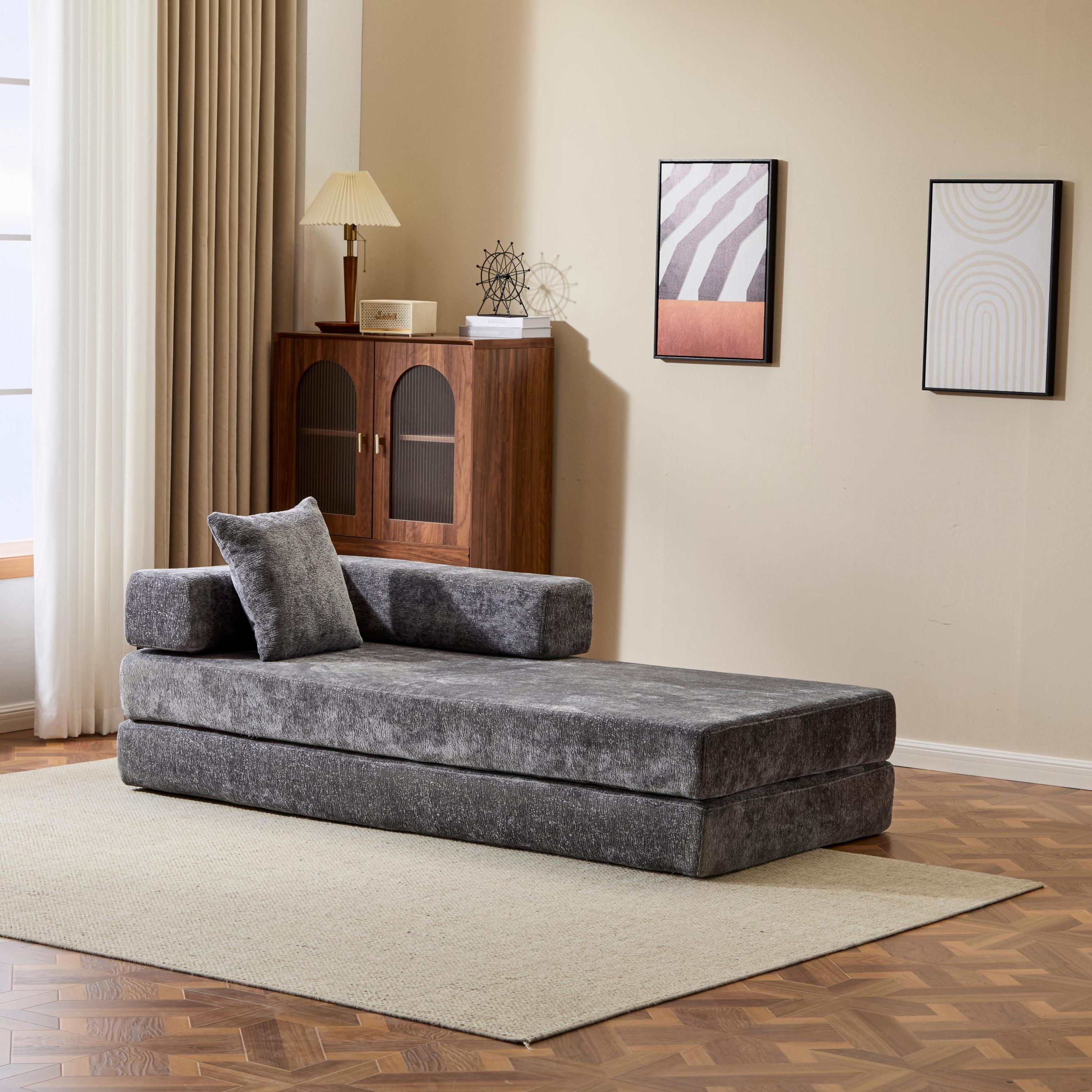 Floor Couch,Compression Sofa,Convertible Floor Sofa Bed-with Pillow Back Support Armrest,Comfy Futon Couch Lounge Sleeper Bed,Chenile fabric,for Living Room Bedroom (DARK-GREY)