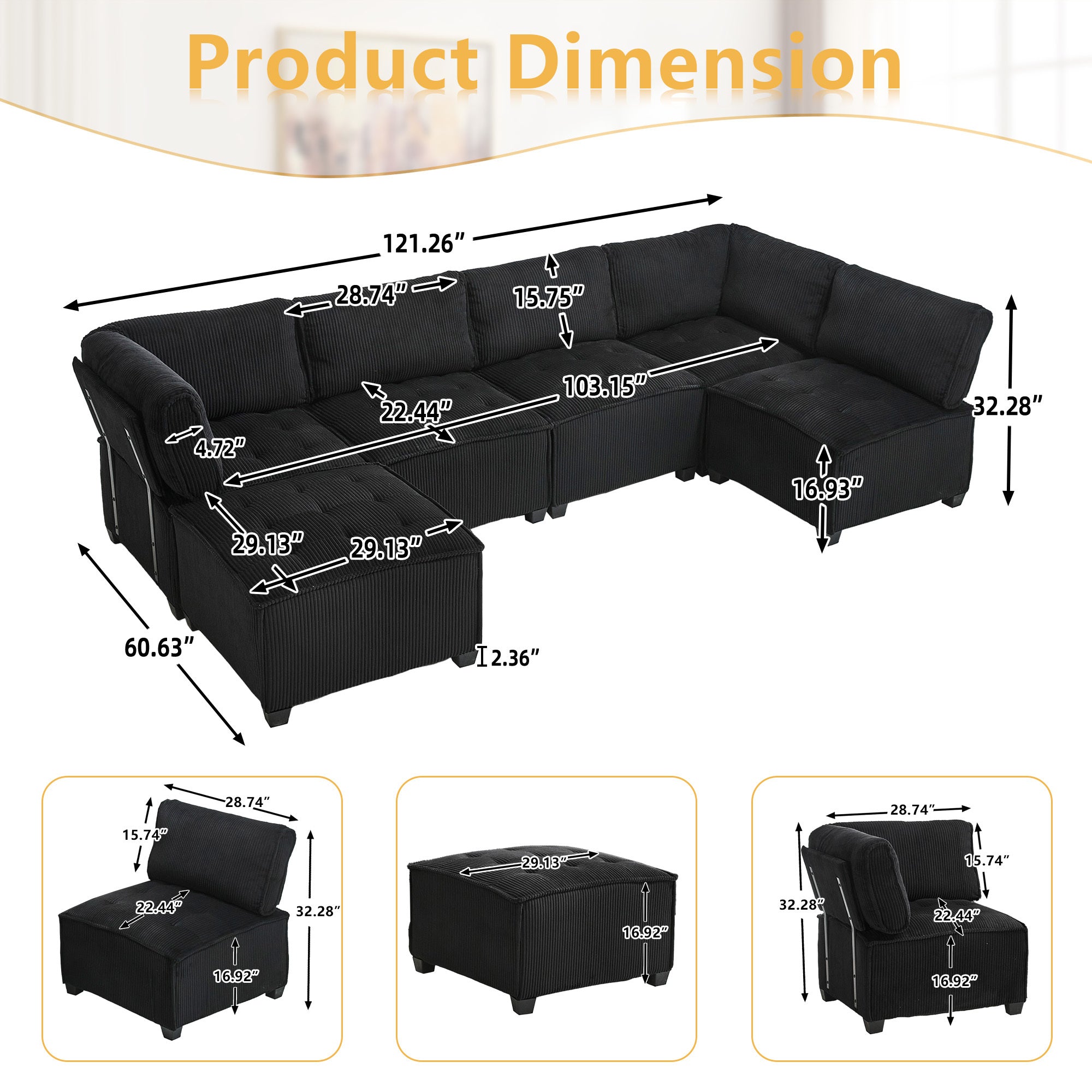 UNITED WE WIN Modular Sectional Sofa U Shaped Modular Couch with Reversible Chaise Modular Sofa Sectional Couch,6- Seat Convertible Sofa,Fit for Living Room